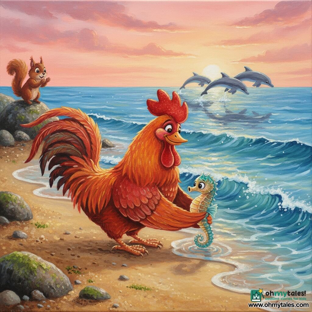 A proud, gentle rooster with shiny copper feathers tinged orange-red holds a tiny shimmering pearly-turquoise seahorse with golden glitter on its back at the seashore, the wide-eyed seahorse nestled in the rooster’s feathers ready to dive; a curious red squirrel on a nearby rock claps in the background while silver-gray dolphins leap in the distance, reflections on the waves; the wet golden-sand beach has polished pebbles and mossy stones, translucent blue waves under a pink-orange twilight sky; the rooster kneels or leans toward the sea to gently place the seahorse into a calm wave—centered composition, soft light, visible acrylic texture, vivid contrasting colors, warm reassuring atmosphere.