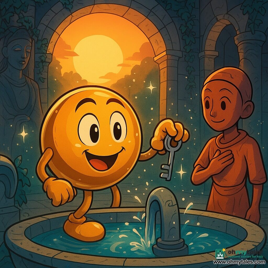 In the center of the image, the main character, a small brass cleat named Meridian, shines under the golden light of the setting sun. It has a round and smooth shape, with delicate details and shimmering reflections that show its impatience and curiosity. Meridian holds a small metal key in its hand, eyes sparkling with excitement. Next to it, a small copper figurine, the Fountain Keeper, stands with a gentle and kind smile. It has delicate features, slender arms, and bright eyes, appearing ready to assist Meridian in its quest. In the background, the scene unfolds in an ancient fountain hall, with stone walls adorned with ivy and sparkling jets of water dancing in the air. Bronze statues surround the hall, their wise faces observing the scene with expressions of serenity. The main situation shows Meridian, the cleat, sliding the key into a keyhole on a large fountain, while the Fountain Keeper encourages it with a confident look. The atmosphere is filled with magic and hope, with splashes of water sparkling like stars around them.