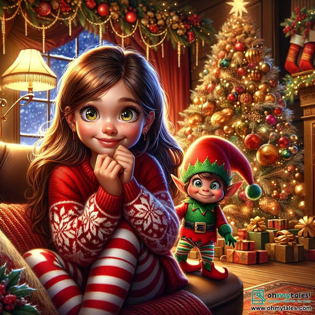 A 10-year-old girl named Lila, with long brown hair and sparkling curious eyes, is hiding behind a cozy couch, a mischievous smile on her face. She is wearing a red sweater with a snowflake pattern and striped leggings. Next to her is a cheeky little elf named Jingle, with greenish skin, a pointy red hat, and pointy ears, ready to come out of hiding with mischievous eyes. The scene takes place in a warm living room decorated with a large shimmering Christmas tree, filled with golden garlands and colorful ornaments, while a fireplace crackles softly, casting a golden light on the walls adorned with Christmas stockings. Lila and Jingle are preparing a fun prank for Lila's family, with snowflake-shaped cookies and scattered sparkling decorations, creating a joyful and magical atmosphere.