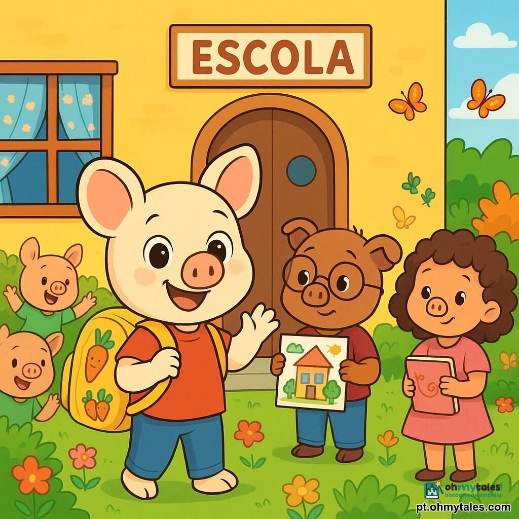 Tico, um pequeno porquinho creme com grandes orelhas redondas e olhos brilhantes de curiosidade, está em frente à porta da escola, com um grande sorriso no rosto, segurando uma mochila bonita decorada com desenhos de cenouras sorridentes. Ao seu lado, Beni, um porquinho com óculos redondos e pelos marrons, observa com uma mistura de empolgação e nervosismo, segurando um desenho colorido nas patas. Lila, uma porquinha com cabelos cacheados e vestido rosa, está um pouco atrás, sorrindo timidamente enquanto segura um livro de piadas. O lugar é uma escola charmosa, com paredes amarelas ensolaradas, janelas com cortinas floridas e um jardim cheio de flores coloridas e borboletas. A cena principal mostra Tico e seus amigos prontos para entrar na escola, cercados por outros porquinhos alegres, todos ansiosos para começar sua nova aventura escolar.