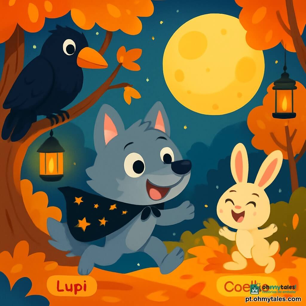 Um pequeno lobo chamado Lupi, com pelagem suave e cinza, usa uma capa preta adornada com estrelas brilhantes. Ele tem olhos curiosos e um grande sorriso alegre, pulando na floresta sob a lua cheia. Ao seu lado, uma grande corvo chamada Corujão, com penas negras brilhantes e olhos sábios, observa Lupi de forma amigável, empoleirada em um galho. Um pouco mais longe, um coelhinho travesso com grandes orelhas e pelagem branca, chamado Coelho, ri enquanto brinca nas folhas douradas, acrescentando alegria à cena. A floresta é mágica, com árvores de troncos retorcidos, folhas vibrantes em laranja e amarelo, e lanternas cintilantes penduradas nos galhos. A lua brilha intensamente, projetando sombras dançantes no chão. Lupi, cheio de entusiasmo, procura o dono de sua capa mágica, enquanto Corujão e Coelho o incentivam com sorrisos cúmplices, criando uma atmosfera alegre e misteriosa na noite de Halloween.