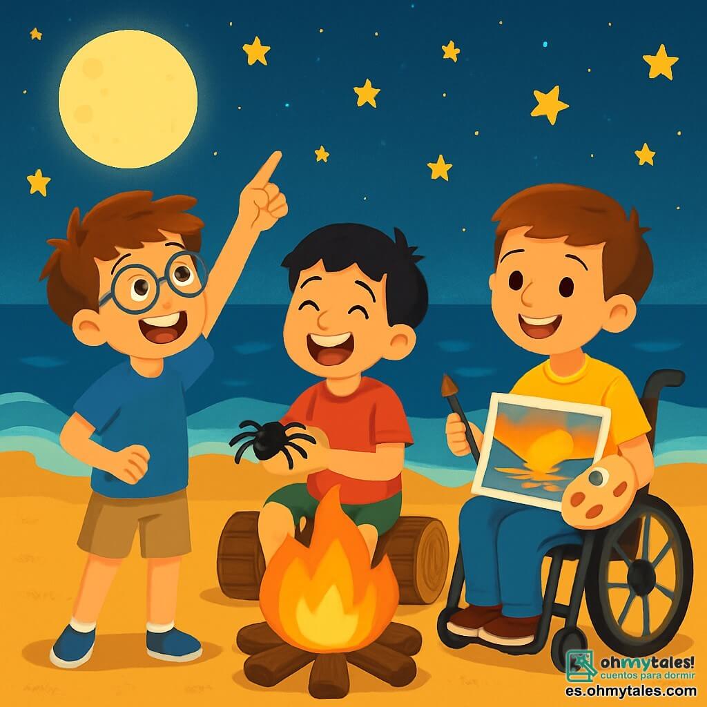 Hay 3 personajes: - Leo: un niño de 10 años, con cabello castaño desordenado y gafas redondas, lleva una camiseta azul y un pantalón corto beige. Está de pie, con los ojos brillantes de emoción, señalando hacia el cielo estrellado. - Miguel: un niño de 9 años, con cabello negro y pecas, vestido con una camiseta roja y un pantalón corto verde. Está sentado en un tronco de madera, riendo y sosteniendo una araña de plástico. - Tomás: un niño de 11 años, con cabello castaño y una sonrisa cálida, sentado en su silla de ruedas, lleva una camiseta amarilla y pantalones azules. Sostiene una paleta de pintura y un pincel, mostrando orgullosamente su cuadro de un hermoso atardecer. El lugar es una playa dorada, iluminada por la suave luz de una luna llena. A su alrededor, suaves olas acarician la orilla, mientras una gran fogata crepita, proyectando sombras danzantes en la arena. Estrellas brillantes salpican el cielo nocturno, añadiendo un toque de magia a la atmósfera. La situación principal muestra a los tres amigos reunidos alrededor de la fogata, compartiendo historias y risas, con estrellas brillantes sobre ellos y un ambiente cálido y alegre.