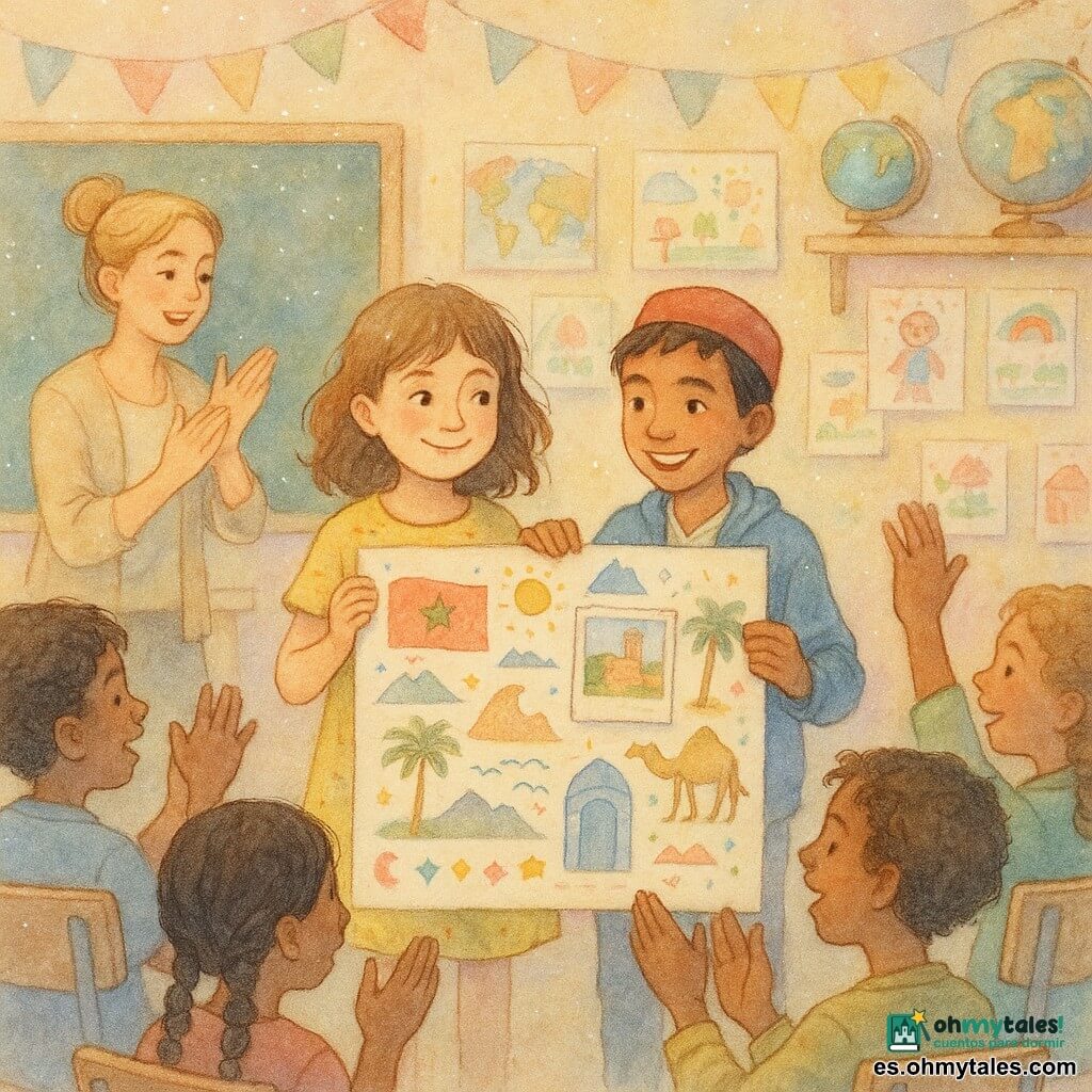 Una niña de 10 años, Clara, sonrisa tímida, pelo castaño ondulado hasta los hombros y vestido amarillo con manchas de pintura, sostiene un gran cartel colorido con dibujos y palabras; a su lado Amir, niño de 9 años de origen marroquí, piel bronceada, gorra roja y chaqueta azul, sonríe mostrando una foto pegada en el cartel; la maestra, mujer de unos 30 años con el pelo rubio recogido en un moño, aplaude al frente junto a la pizarra; compañeros diversos de 9–11 años, sentados por pupitres, miran y aplauden, algunos levantan la mano; la clase es luminosa con paredes en tonos pastel, mapas, guirnaldas, globos y dibujos infantiles; situación: Clara y Amir presentan un proyecto sobre Marruecos mostrando su cartel decorado, se miran cómplices y la clase los anima en una atmósfera cálida, inclusiva y alegre.
