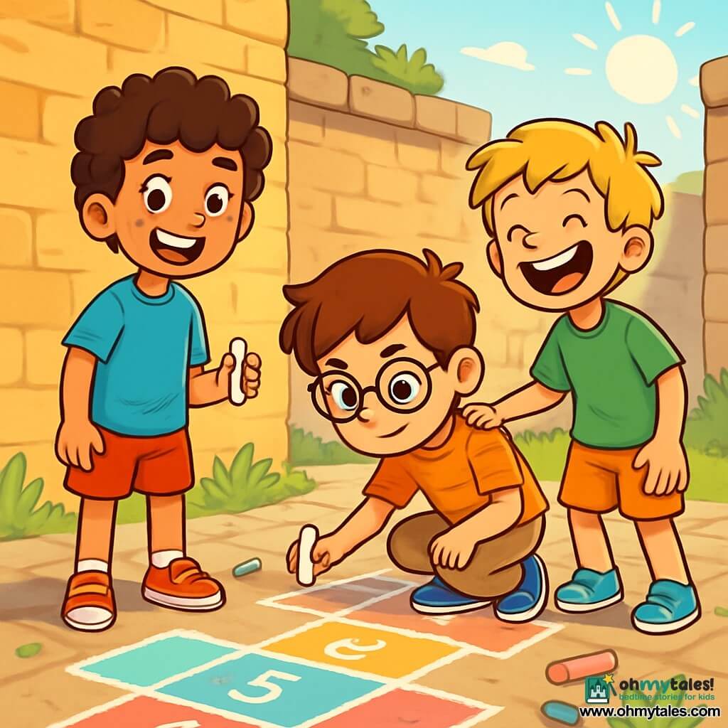 There are three characters: Jamie, a 10-year-old boy with curly hair and lots of energy. He wears a bright blue t-shirt and red shorts, standing and smiling with a piece of chalk in hand, ready to draw. Leo, a slightly shorter 10-year-old with round glasses and brown hair, wears a striped shirt and beige pants. He is crouched down, focused, drawing lines on the ground with chalk. Max, a 10-year-old with a wide smile and a missing tooth, has messy blonde hair and wears a green t-shirt. He stands next to Jamie, laughing and encouraging Leo. The main setting is an old brick courtyard surrounded by stone walls, with green grass growing through the cracks. The ground is covered in colorful chalk drawings, and the sun shines, casting soft shadows on the walls. The main situation shows the three boys drawing a huge hopscotch on the ground, each smiling and laughing, while Leo, a bit hesitant, starts to draw the first lines with the support of his friends.