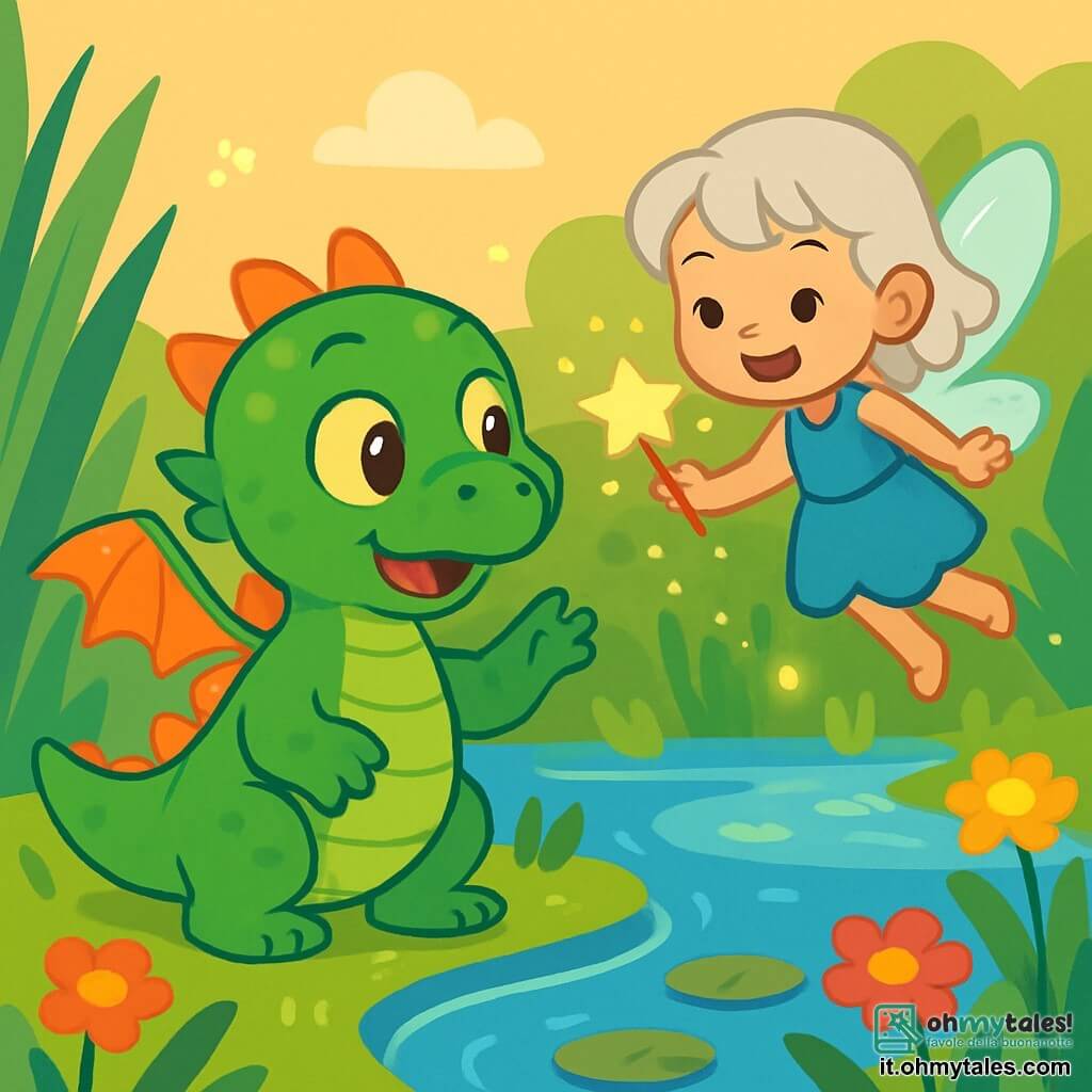 Un piccolo drago dalle scaglie verdi brillanti, con occhi dorati che brillano di curiosità, si trova sul bordo di un pantano magico. Ha un'espressione di meraviglia sul viso e le sue piccole ali traslucide tremolano leggermente nell'aria. Vicino a lui, una piccola fata dai capelli argentati, di circa 8 anni, vola intorno, le sue ali scintillanti lasciano tracce di luce. Sorride, tenendo una piccola stella luminosa nella mano. Il pantano è circondato da alte erbe verdi, punteggiate di fiori colorati che brillano come gemme sotto il sole. Fiumi d'acqua cristallina si snodano nel paesaggio e le lucciole danzano nell'aria, creando un'atmosfera fiabesca. La scena principale mostra il drago e la fata che cercano insieme il ricordo perduto del drago, esplorando le meraviglie del pantano mentre ridono e giocano.