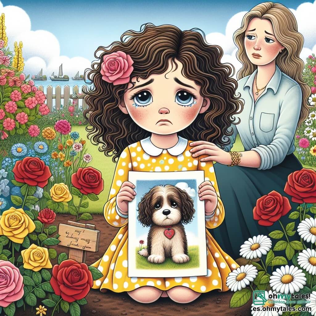 Una niña de 10 años, Clara, con cabello castaño y rizado, grandes ojos tristes y mejillas ligeramente sonrojadas, está sentada en su jardín, rodeada de flores coloridas. Lleva un vestido amarillo con lunares y sostiene un dibujo de su perro, Max, en sus manos, con lágrimas en los ojos, pero una ligera sonrisa emerge en su rostro. A su lado, su mamá, una mujer de unos treinta años, con cabello largo y liso, la mira con ternura, posando una mano reconfortante en su hombro. El jardín está en plena floración, con rosas rojas y margaritas blancas, y un cielo azul claro salpicado de nubes blancas. En el centro, se ha plantado un pequeño rosal en memoria de Max, con una etiqueta de madera grabada con su nombre. La escena principal muestra a Clara recordando a su querido perro, mientras celebra su vida con una mezcla de tristeza y gratitud, rodeada de la belleza de la naturaleza.