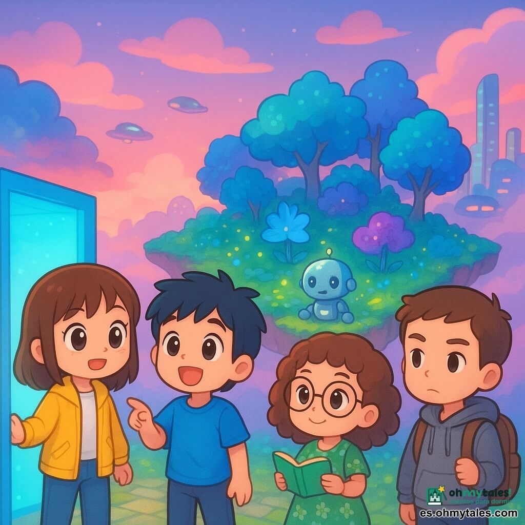 Cuatro niños: Sara (10, pelo castaño medio, ojos curiosos, chaqueta amarilla) a la izquierda sosteniendo la puerta luminosa; Óscar (11, pelo negro alborotado, camiseta azul) detrás de Sara señalando el jardín flotante; Carmen (10, rizos castaños, gafas redondas, vestido verde con flores) junto a Óscar con un cuaderno abierto; Raúl (11, pelo corto, expresión seria, sudadera gris) a la derecha con una mochila donde asoma un cuaderno viejo. Lugar: jardín suspendido en un techo que flota entre nubes rosadas, suelo de losas con musgo luminoso, árboles de hojas multicolores y flores bioluminiscentes; al fondo una ciudad futurista con torres de cristal y vehículos voladores. Situación: acaban de pasar por una puerta azul brillante y observan maravillados plantas luminosas y un pequeño robot guardián metálico en un ambiente mágico, de colores vivos y luz suave.