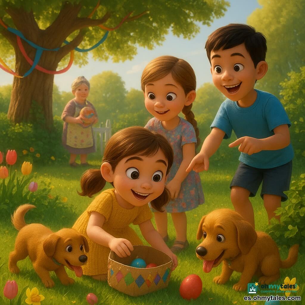 Niña de 8 años, cabello castaño en coletas, vestido amarillo de punto, sonrisa maravillada y ojos brillantes, agachada recogiendo un huevo de Pascua rojo con una cesta de cartón decorada con papel y purpurina; niño Nico, ~9 años, pelo corto negro, camiseta azul, ríe y señala un huevo oculto en un arbusto a la derecha; niña Valeria, ~7 años, pelo castaño claro en trenza, vestido de flores, le tiende la mano para alcanzar un huevo en una rama baja a la izquierda; perra Lucas, de tamaño medio y pelaje dorado, lengua afuera, olfatea una cesta volcajada junto a los pies; abuela, ~65 años, pelo gris en moño y delantal de flores, sonríe desde la puerta del jardín sosteniendo un gran huevo decorado; jardín primaveral con césped verde, un viejo roble con cintas, parterres de tulipanes y narcisos, luz dorada de la mañana; escena principal: alegre búsqueda de huevos multicolores, amistad y asombro, enfoque en la niña y su cesta brillante.
