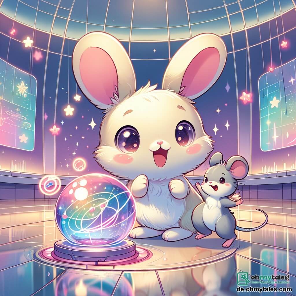 Ein kleiner Hase mit großen Ohren und einem weichen, seidigen cremefarbenen Fell steht im Mittelpunkt des Bildes, seine Augen leuchten vor Staunen, während er eine riesige, farbenfrohe Maschine entdeckt, die in allen Farben funkelt. Neben ihm springt eine kleine Maus mit grauem Fell und funkelnden Augen, die einen kleinen roten Hut trägt, vor Freude in die Luft, die Arme erhoben, und drückt ihre Aufregung über diese unglaubliche Erfindung aus. Die Szenerie ist eine große futuristische Halle mit transparenten Glaswänden, die helle Lichter und schwebende Hologramme zeigen, riesige Bildschirme, die Bilder von Planeten und Sternen anzeigen, und einem glänzenden Boden, der die lebhaften Farben der Maschine reflektiert. Die Hauptsituation zeigt den Hasen und die Maus, die mit der Maschine interagieren, die fröhliche Geräusche und blinkende Lichter von sich gibt, während sie gemeinsam über Sterne und Planeten lernen, erfüllt von Neugier und Begeisterung.