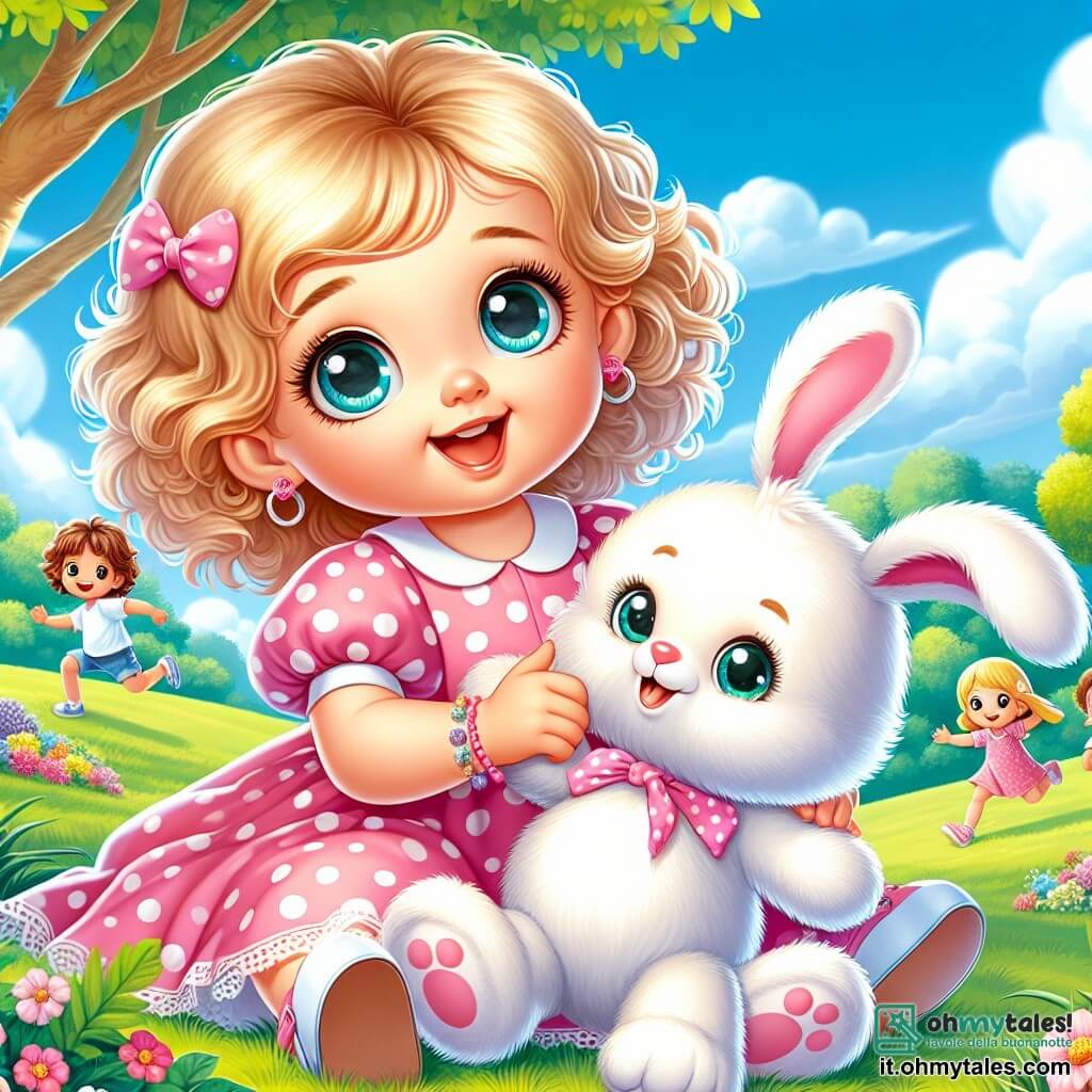 Una bambina di un anno, Sofia, con capelli ricci e biondi, grandi occhi blu pieni di gioia, è seduta sull'erba verde del parco, sorridendo. Indossa un bel vestito rosa a pois e tiene in braccio un peluche a forma di coniglio. Accanto a lei, il suo amico Leo, un coniglietto bianco con grandi orecchie, salta felicemente, i suoi occhi brillanti di felicità. Il parco è pieno di fiori colorati, alberi maestosi con foglie verdi e un cielo blu chiaro con alcune nuvole bianche. I bambini giocano in lontananza, aggiungendo un'atmosfera gioiosa alla scena. Sofia e Leo si preparano a scalare insieme un grande albero, i loro volti radiosi di eccitazione e amicizia, illustrando un momento prezioso in cui si aiutano a superare le loro paure.