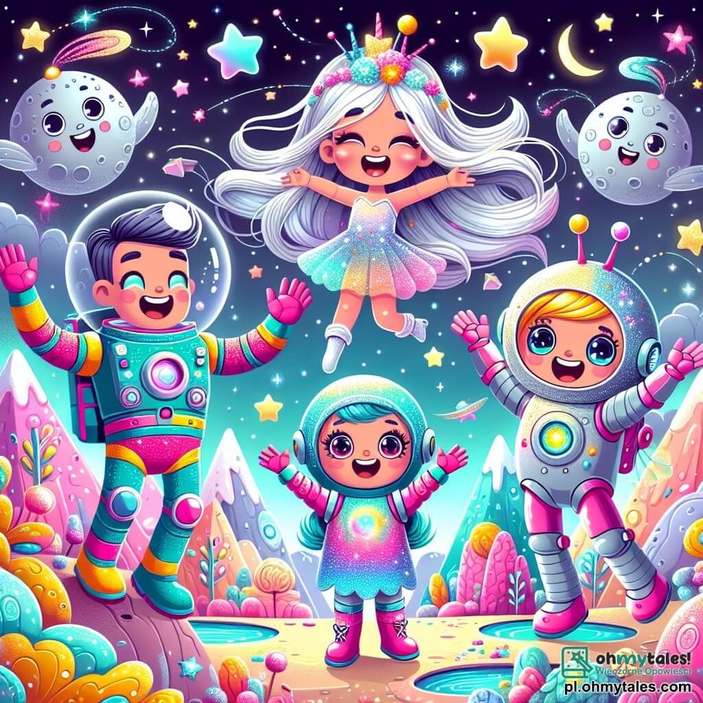 Astronauta Tomek, uśmiechnięty i podekscytowany, stoi na fantastycznej planecie z kolorowymi górami i drzewami w kształcie cukierków, ubrany w błyszczący skafander ozdobiony migoczącymi gwiazdami. Obok niego stoi mała księżniczka Księżyca, Lunia, z długimi srebrnymi włosami, w błyszczącej sukience, unosząca ręce w radości. Radosny robot Staś, przypominający małego metalowego chłopca, tańczy wokół nich. Miejsce to magiczna planeta z różowym niebem, gwiazdami i chmurami w kształcie pianki. Tomek, Lunia i Staś świętują swoje spotkanie, śmiejąc się i bawiąc razem, gotowi do odkrywania cudów wszechświata.