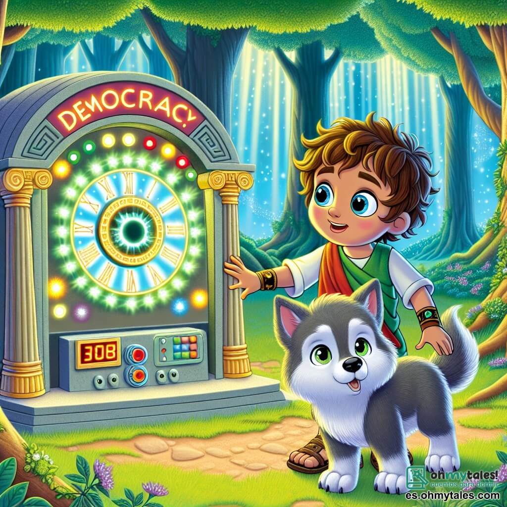 Un pequeño lobo llamado Lupo, con pelaje gris y ojos brillantes de curiosidad, se encuentra frente a una misteriosa máquina del tiempo, con una expresión maravillada y algo preocupada. Toca delicadamente el panel de control, rodeado de luces centelleantes y botones de colores. A su lado, un joven con cabello rizado y túnica griega, con una sonrisa alentadora, observa a Lupo, entusiasta y listo para compartir sus conocimientos sobre la democracia. Al fondo, un paisaje de bosque verde con árboles majestuosos y un cielo azul brillante, donde los rayos del sol atraviesan las hojas, creando una atmósfera mágica. La escena muestra a Lupo a punto de emprender un viaje en el tiempo, con destellos de luz emanando de la máquina, simbolizando la aventura que le espera.
