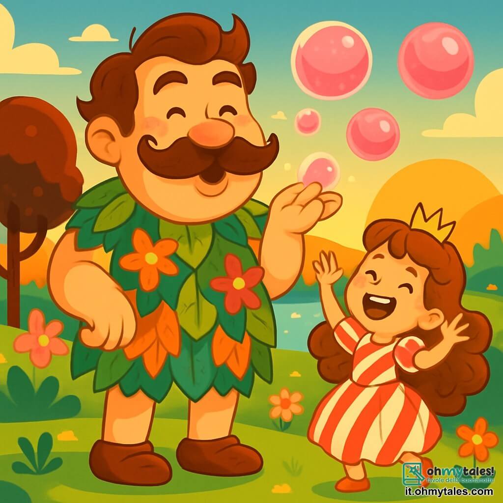 Un gigante gioioso di nome Grolotto, con un grande baffo ricciuto e un sorriso splendente, si trova al centro dell'immagine. Indossa una tunica colorata fatta di foglie e fiori, e i suoi occhi brillano di malizia. Sta facendo un trucco di magia, soffiando bolle di marmellata rosa che fluttuano attorno a lui. Accanto a lui, la piccola principessa Ciliegina, di circa 8 anni, con lunghi capelli ricci e un vestito di zucchero filato, ride di gusto cercando di afferrare una bolla. Si tiene leggermente indietro, con le braccia alzate, pronta a tuffarsi nella dolcezza. Sullo sfondo, il paesaggio incantevole della Valle Ridarella si estende, con alberi di cioccolato, fiori cantanti e un lago scintillante sotto il sole al tramonto. La scena principale mostra Grolotto e Ciliegina circondati da risate e colori, creando un momento magico dove gioia e amicizia si mescolano in un'atmosfera festosa e ludica.