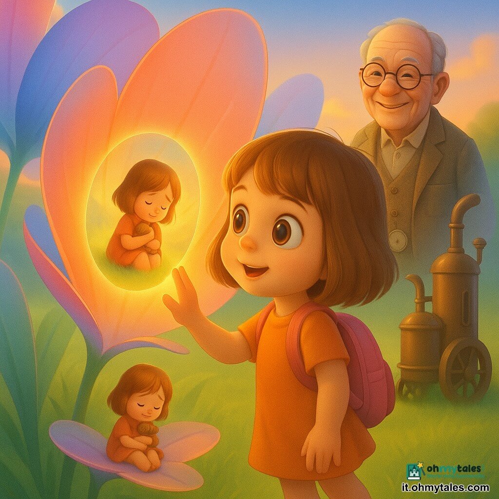 Una bambina di circa 4 anni, emozionata e meravigliata, con capelli castano chiaro a caschetto, grandi occhi nocciola brillanti e un piccolo zainetto rosa, sulla punta dei piedi mentre tocca un petalo gigante; vicino a lei, una bambina miniatura simile, timida e sollevata, seduta su un petalo più basso e stringendo un pupazzo marrone; sullo sfondo un uomo di circa 50 anni con occhiali tondi, volto rugoso ma sorridente, giacca di tweed e orologio da tasca visibile accanto a una vecchia macchina a vapore decorativa; il luogo è un vasto prato di fiori giganteschi con petali traslucidi come vetro colorato che contengono piccole immagini tipo foto, erba verde morbida e luce dorata del tramonto; la scena mostra il petalo luminoso toccato dalla bambina che proietta una piccola immagine di memoria, atmosfera magica e sicura.