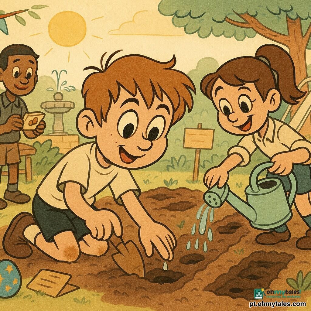 Um menino de 12 anos, cabelo castanho‑claro despenteado, joelhos sujos e sorriso concentrado, ajoelhado a plantar uma semente num buraco com uma pequena pá de madeira na mão direita; à direita, uma menina de ~12 anos (Sara), cabelo castanho em rabo‑de‑cavalo, expressão travessa e calorosa, rega suavemente uma fila de buracos com um regador pastel; ligeiramente atrás, um menino de ~12 anos (Malik), pele mais escura e cabelo curto, tímido porém orgulhoso, segura uma caixinha de sementes aberta e oferece uma semente; ao fundo à esquerda, um idoso sentado num banco (cerca de 70 anos, bigode grisalho) sorri com um saco de amêndoas ao lado. Local: jardim comunitário ensolarado com pequena fonte de pedra pingando, escorrega metálico branco ao fundo direito, canteiros de terra escura, fitas coloridas nas árvores e placa escrita à mão. Cena: três crianças plantam sementes de um saquinho azul estrelado, mãos sujas, gestos sincronizados, atmosfera alegre e cooperativa; em primeiro plano, o saquinho azul aberto com estrelas e um cartão dobrado ao lado escrito "Para quem partilha". Paleta: tons pastéis quentes (amarelo pálido, menta, azul céu), detalhes dourados nas estrelas, texturas de papel e madeira, estilo cartoon retrô com traços pretos grossos e contornos suaves.