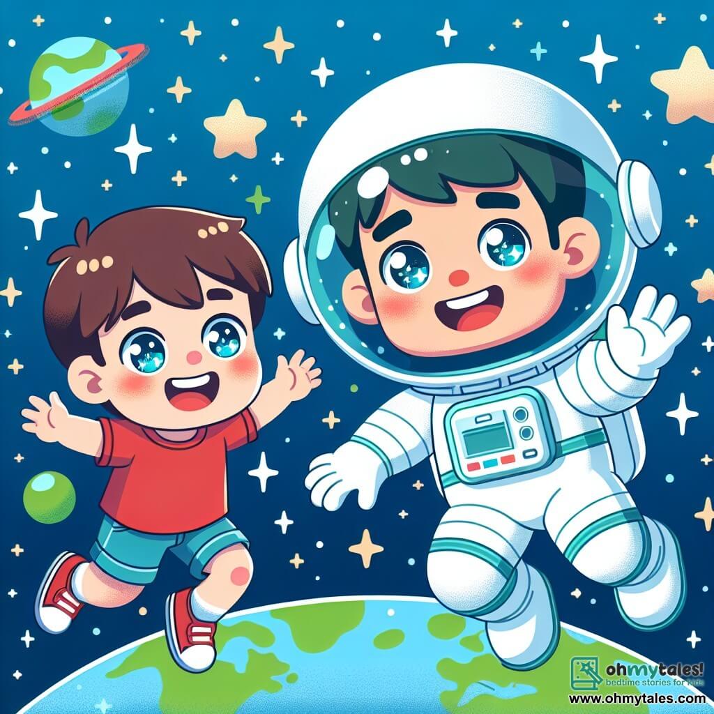 Sam, a smiling astronaut, wears a large white spacesuit with a shiny helmet. He joyfully floats in space with open arms, surrounded by twinkling stars and a blue and green Earth in the background. Next to him, Ben, a small boy of about 7 with brown hair and sparkling eyes, looks on in wonder. He wears a red t-shirt and blue shorts, floating slightly with his arms raised as if trying to touch the stars. The scene takes place in the vastness of space, where bright stars illuminate the deep black cosmos. The Earth is majestically visible below, adding a splash of color to the environment. The main situation shows Sam explaining the wonders of space to Ben, with twinkling stars around them, while Ben listens attentively, his eyes wide with fascination.