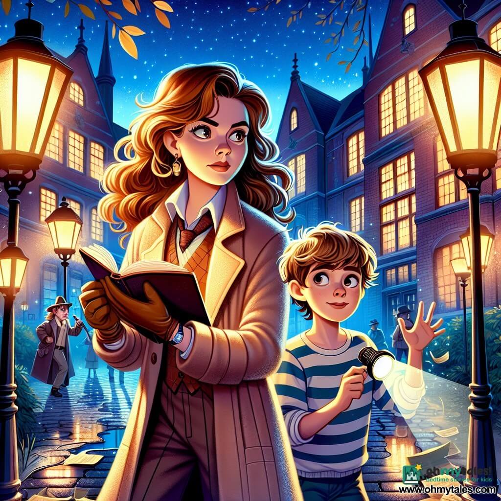 A female detective named Nora Hale stands at the center of the scene, with a determined and curious expression on her face. She has wavy brown hair and wears a long beige coat, holding an open notebook in one hand and a pen in the other. Beside her is a young boy named Tommy, about 10 years old, with messy blonde hair and wearing a striped t-shirt, looking on with admiration and excitement, holding a flashlight that lights the way. In the background, the Greyhaven Museum stands majestically with its large glass windows and red brick walls, surrounded by twinkling lanterns and wet cobblestones, creating a mysterious atmosphere. The starry night and a gentle breeze make the leaves of nearby trees dance. The main scene shows Nora and Tommy examining a shoe print on the ground, illuminated by the glow of lanterns as they search for clues to solve the mystery of the missing compass.