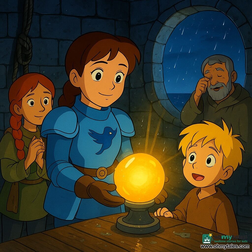The chevaleress is a young brave woman with a round face and braided brown hair, wearing light azure armor and holding a painted-bird shield; she gazes at a glowing golden lantern-stone held in her gloved hands at the center of the scene with a soft, determined expression. The young heir Rowan, about seven, small with tousled blond hair and a simple coat, stands slightly to her right holding her hand and looking at the stone with wide, amazed eyes. Mira, a fifteen-year-old girl with red hair in braids and slightly dirty bird-keeper clothes, stands left in the background with hands clasped, relieved and shy. Old keeper Tomlin, an elderly man with a short gray beard and worn clothes, stands by a round lighthouse window wiping a joyful tear on his sleeve. The setting is the lantern room atop a stone lighthouse: wet old granite circular walls, large round windows opening to the night sea, a shiny damp wooden floor with ropes, silver reflections everywhere. The main moment shows the lantern-stone—a golden globe on a metal pedestal—emitting a powerful beam through the window with water droplets sparkling in the light, a tranquil yet triumphant atmosphere; vivid contrasting colors, clean rounded outlines, slightly stylized stone and metal textures, exaggerated but tender facial expressions, and dramatic lighting from the stone.