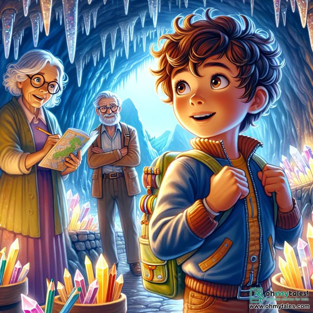 A 10-year-old boy, Tommy, with curly brown hair and sparkling curious eyes, stands in front of a magnificent cave illuminated by shimmering crystals. He carries a colorful backpack filled with maps and crayons, and his face shows wonder and excitement. Beside him, his grandmother, an elderly woman with silver hair and a warm smile, admires the cave with her hands on her hips. A bit behind, his grandfather, an elderly man with a gray beard and glasses, takes notes in a notebook, fascinated by the crystals. The location is a mysterious cave in the heart of the Himalayas, with walls adorned with bright crystals that reflect light, creating a magical atmosphere. The main scene shows Tommy discovering the cave, captivated by an enchanting melody resonating inside, while his grandparents encourage him, sharing this moment of family wonder.