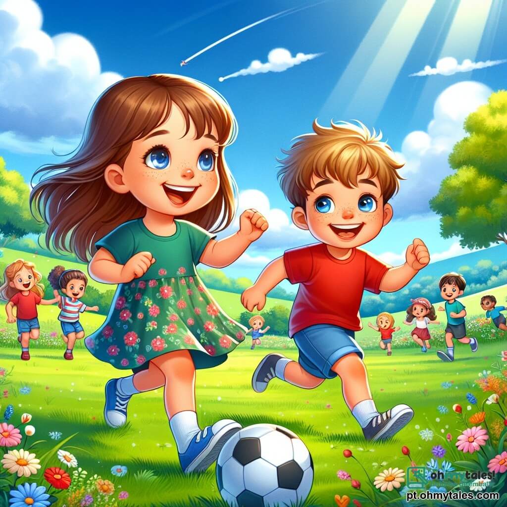 Uma menina de 4 anos, chamada Lila, com longos cabelos castanhos e olhos brilhantes de alegria, está jogando futebol em um campo verdejante. Ela usa um vestido colorido com padrões de flores e um grande sorriso no rosto, demonstrando seu entusiasmo e determinação. Ao lado dela, um menino de 4 anos, chamado João, com cabelos loiros bagunçados e olhos azuis, corre atrás da bola. Ele veste uma camiseta vermelha e um short azul, rindo com Lila e compartilhando a alegria do jogo. Ao fundo, um grupo de crianças, meninos e meninas, se reúne ao redor deles, todos sorridentes e envolvidos no jogo, criando uma atmosfera de camaradagem e amizade. O local é um campo ensolarado, salpicado de flores coloridas e árvores verdes, com um céu azul brilhante e algumas nuvens brancas flutuando. A cena principal mostra Lila e João jogando futebol juntos, ilustrando a ideia de que meninos e meninas podem se divertir juntos, sem distinção, em um espírito de igualdade e alegria.