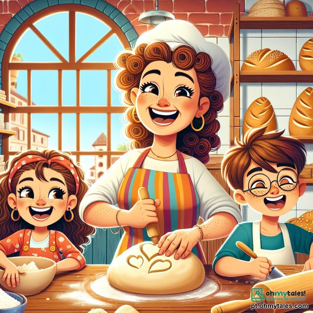 Dona Bia é uma mulher alegre, com cabelos cacheados e um sorriso radiante. Ela usa um avental colorido e está amassando massa de pão, com as mãos cheias de farinha, demonstrando felicidade e orgulho. Lúcia, uma menina de 8 anos com cabelos longos e castanhos, está ao seu lado, moldando um pão em forma de coração, com os olhos brilhando de excitação. Tomás, um menino de 7 anos com óculos e sardas, observa atentamente, segurando um rolo de massa, pronto para ajudar. A cena ocorre em uma charmosa padaria, com paredes de tijolos vermelhos, prateleiras cheias de pães dourados e janelas de madeira que deixam entrar a luz do sol. O ar está cheio do cheiro delicioso de pão fresco e doces. Dona Bia e as crianças se divertem criando pães com formas divertidas, rindo e compartilhando momentos de alegria, enquanto a padaria é cheia de calor e amizade.