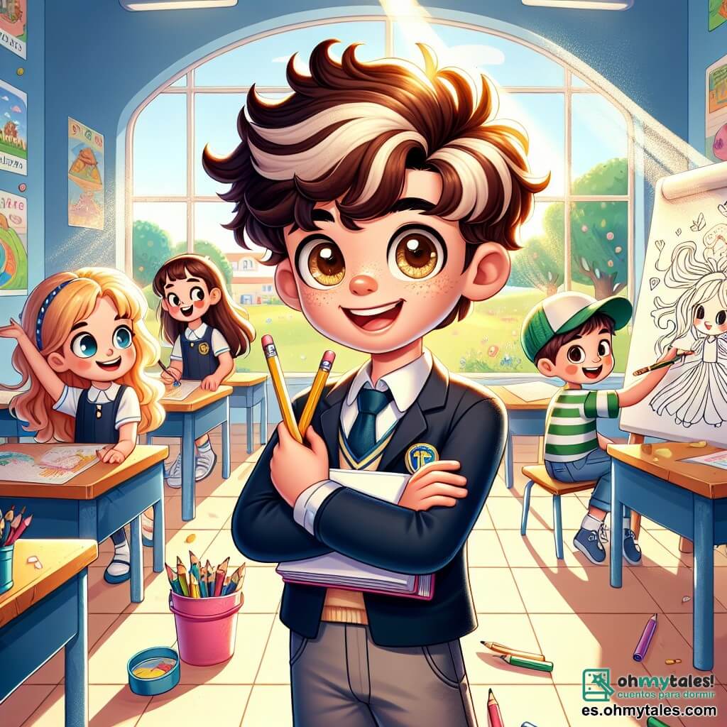 Un niño de 11 años, llamado Pablo, está en el centro de la imagen, con cabello rizado y ojos castaños brillantes de emoción. Lleva un uniforme escolar azul marino y una camisa blanca, sosteniendo un lápiz y un cuaderno de dibujo en sus manos, listo para crear. A su derecha, Clara, una niña de 10 años con cabello largo y rubio, sonríe alegremente sosteniendo marcadores de colores, lista para dibujar hadas. A la izquierda, Lucas, un niño de 11 años con una gorra verde y una camiseta a rayas, mira con entusiasmo el proyecto del mural, con los brazos cruzados, lleno de energía. El fondo es un aula luminosa, con paredes decoradas con carteles coloridos sobre ciencias y geografía, y un gran pizarrón al fondo. La escena principal muestra a Pablo, Clara y Lucas, rodeados de sus compañeros, colaborando alegremente en un gran mural que representa un mundo fantástico, lleno de dragones, hadas y paisajes encantadores, cada uno aportando su toque personal a la obra colectiva.