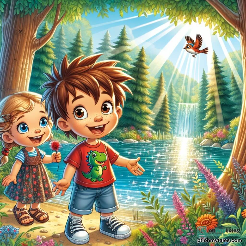 Um menino de 4 anos, Tomás, com cabelo castanho bagunçado e olhos curiosos, está à beira de um lago cintilante, com um grande sorriso no rosto. Ele usa uma camiseta vermelha com um dinossauro e um short de denim, segurando uma pequena pena vermelha na mão, maravilhado com a água. Ao seu lado, sua melhor amiga Ana, também de 4 anos, com cabelo loiro trançado e olhos azuis brilhantes, aponta para um pássaro colorido que voa acima deles. Ela veste um vestido florido e sandálias, mostrando uma expressão de alegria e empolgação. Ao fundo, a Floresta Encantada está cheia de grandes árvores com troncos grossos e folhas verdes vibrantes, com flores multicoloridas dançando ao vento. Raios de sol penetram pela folhagem, criando reflexos de luz na água do lago. A cena principal mostra Tomás e Ana descobrindo juntos um lindo lago no meio da floresta, maravilhados com a beleza dos pássaros mágicos que voam ao redor, prontos para viver uma nova aventura.