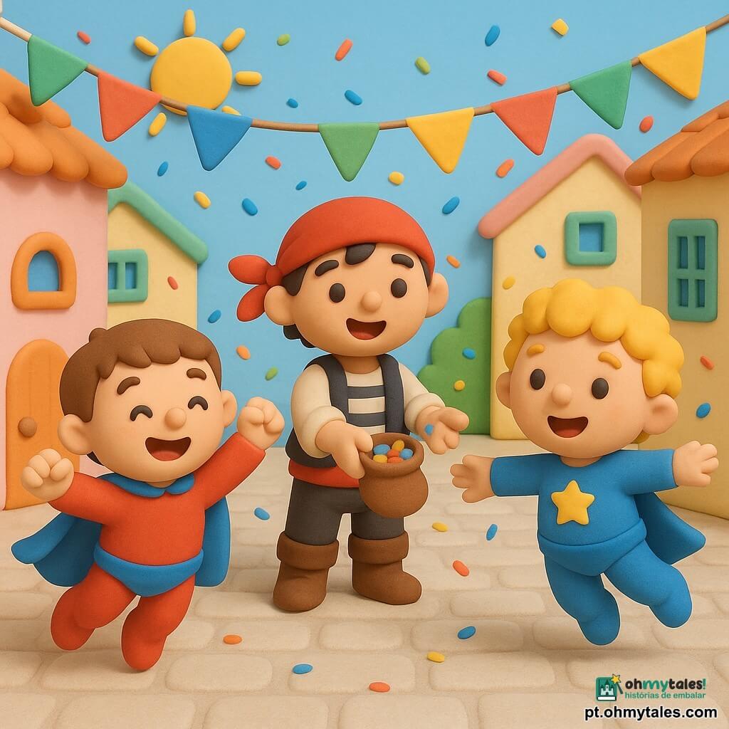Três crianças de 4 anos: um menino de cabelos castanhos curtos vestido de super‑herói vermelho com capa azul à esquerda, braços erguidos e rosto sorridente; outro menino loiro encaracolado de super‑herói azul com pequena estrela amarela à direita, braços estendidos fingindo um avião; um menino fantasiado de pirata ao centro um pouco atrás, com bandana vermelha e colete listrado oferecendo uma pequena bolsa de confetes coloridos. Cena numa rua de carnaval à luz do dia com paralelepípedos claros, casas baixas em tons pastéis, bandeirolas triangulares multicoloridas sobre a rua, sol amarelo num céu azul claro e alguns confetes caindo. Os três brincam e riem — os dois heróis fingem voar enquanto o pirata lhes oferece confetes; ambiente alegre, cores vivas, formas arredondadas, estilo suave e seguro para pequenos.