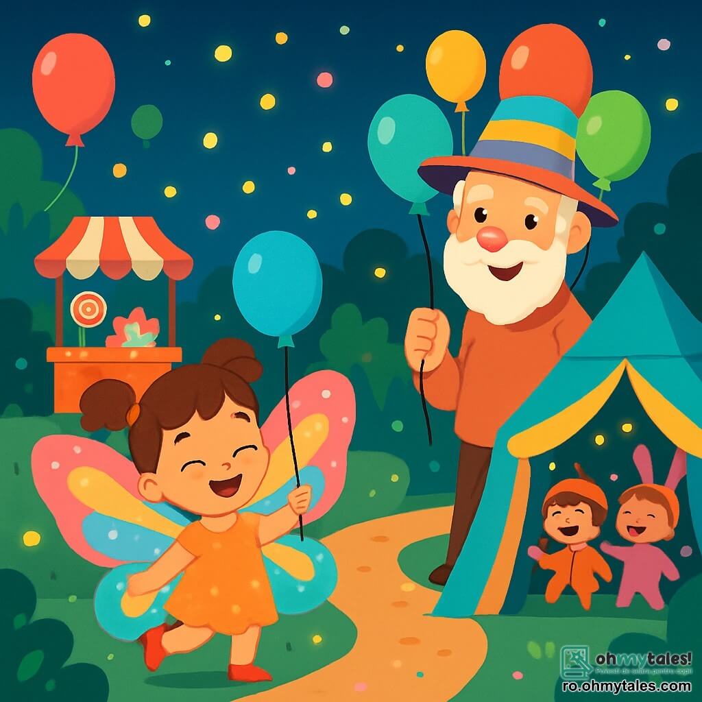 O fetiță de 4 ani, Ana, zâmbitoare și plină de viață, poartă un costum de fluturaș cu aripi colorate și strălucitoare. Părul ei brun este prins în două codițe, iar ea dansează vesel în parc. Lângă ea, un bărbat în vârstă, domnul Marius, cu o barbă albă și o pălărie colorată, ține un buchet de baloane strălucitoare și zâmbește călduros. Parcul este plin de baloane plutitoare, lumini colorate și standuri cu dulciuri, creând o atmosferă festivă și magică. Ana, ținând balonul ei albastru, descoperă un cort secret unde copii costumați se joacă și râd, creând o atmosferă de bucurie și aventură.