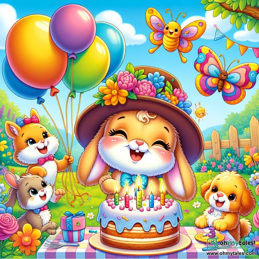 A little rabbit named Benny, with soft brown fur, wears a large colorful hat and has balloons tied to his tail. He jumps for joy, a big smile on his face, surrounded by his friends. Next to him, a beautiful butterfly with multicolored wings dances in the air, expressing joy with graceful movements. A small golden puppy, with its tongue hanging out, wags its tail, happy to be there to celebrate. A brightly feathered bird sings a sweet melody perched on a nearby branch, adding to the festive atmosphere. The scene takes place in a sunny garden filled with vibrant flowers and green trees, with a large birthday cake decorated with sparkling candles on a checkered tablecloth. Benny and his friends sing "Happy Birthday" together, surrounded by laughter and joy, ready to blow out the candles and make a magical wish.