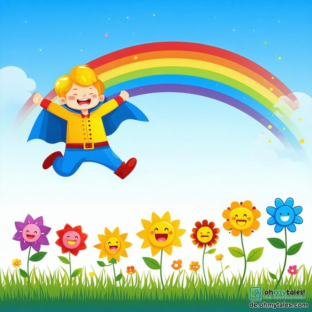 Ein Superheld namens Blitze-Mann, ein Mann mit einem strahlend blauen Lächeln und sonnengelben Haaren, springt fröhlich in die Luft, bereit, einen Regenbogen zu erschaffen. Neben ihm tanzt eine Gruppe bunter Blumen mit lächelnden Gesichtern im Wind, die ihre Freude und Dankbarkeit ausdrücken. Die Blumen sind in verschiedenen Größen und Farben, einige rosa, andere gelb und violett, alle mit funkelnden Augen. Der Ort ist eine sonnige Stadt mit lebhaften Gebäuden, üppig grünen Bäumen und einem klaren blauen Himmel. In der Ferne beginnt ein leuchtender Regenbogen zu entstehen, der die Landschaft erhellt. Die Hauptsituation zeigt Blitze-Mann, der begeistert seine Kräfte einsetzt, um einen Regentag in eine fröhliche Szene zu verwandeln und den Blumen und der Stadt Glück zu bringen.