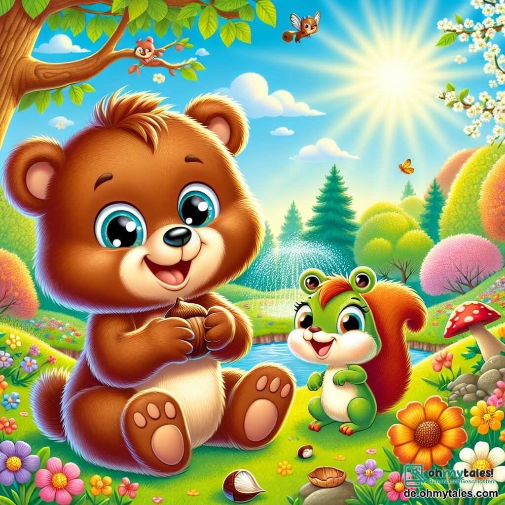 Bruno, ein kleiner brauner Bär mit funkelnden Augen und weichem Fell, sitzt auf einer grünen Wiese, umgeben von bunten Blumen, mit einem großen Lächeln im Gesicht, das seine Freude über den Frühling ausdrückt. Neben ihm klettert Weini, ein Eichhörnchen mit rotem Fell und schelmischen Augen, auf einem niedrigen Ast und hält eine Haselnuss in seinen Pfoten, während es vor Freude lacht. Flori, ein kleiner grüner Frosch mit gelben Flecken, hüpft fröhlich neben einem glitzernden Teich, seine Augen strahlen vor Aufregung, bereit ein Lied über den Frühling zu singen. Die Szenerie ist ein wunderschöner Frühlingsgarten, gefüllt mit leuchtenden Blumen, blühenden Bäumen und einem klaren blauen Himmel, wo die Sonnenstrahlen die Szene erhellen. Die Hauptsituation zeigt Bruno und seine Freunde, die die Rückkehr des Frühlings feiern, umgeben von der Schönheit der Natur, bereit eine große Feier für alle Tiere des Gartens zu organisieren.