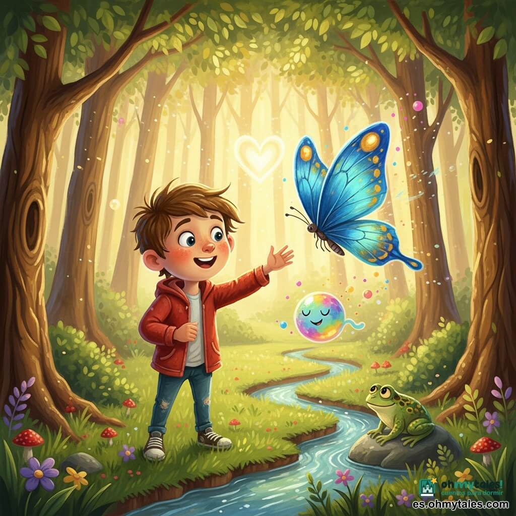 Un niño de 8 años, Mateo, rostro redondo, cabello castaño revuelto, ojos grandes y brillantes, expresión maravillada y sonriente, extiende la mano hacia una gran mariposa azul; viste chaqueta roja y zapatillas gastadas. Una mariposa azul iridiscente de alas anchas con motivos dorados vuela frente a él, como pinceles de luz y juguetona. Junto a Mateo flota un pequeño Sueño, criatura como burbuja translúcida multicolor, con ojos cerrados pero despierto, emitiendo chispas rosas y amarillas. Un sapo verde con manchas doradas reposa sobre una piedra junto a un riachuelo brillante y sonríe. El claro del bosque está bañado en luz dorada, césped verde cortado, anillo de árboles de troncos texturizados y hojas luminosas, con pequeñas flores violetas y setas rojas. Mateo está en el centro rodeado de criaturas mágicas; la mariposa guía su mirada hacia el corazón luminoso del bosque; ambiente suave, colores cálidos y contrastes definidos, estilo pintura acrílica detallada con trazos ligeramente naïf y alegres.