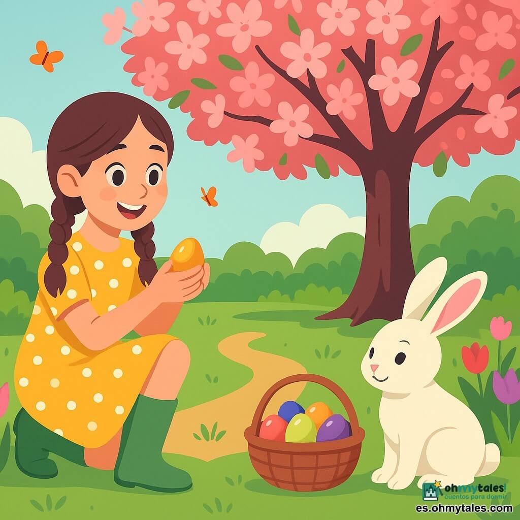 Niña de 10 años sonriente y asombrada, cabello castaño en dos trenzas, vestido amarillo con lunares blancos y botas de goma verdes, agachada ante un árbol en flor sosteniendo un pequeño huevo de chocolate dorado; a la derecha, en primer plano, un conejito blanco de grandes orejas junto a una gran cesta de huevos de colores la mira con aire travieso; jardín exuberante con césped verde, macizos de tulipanes rojos, rosas y violetas, arbustos recortados, un árbol de flores rosas en el centro, luz suave de atardecer y mariposas; escena de descubrimiento de una búsqueda de huevos de Pascua con un sendero de huevos brillantes que conduce a la cesta, ambiente alegre y colores vivos.