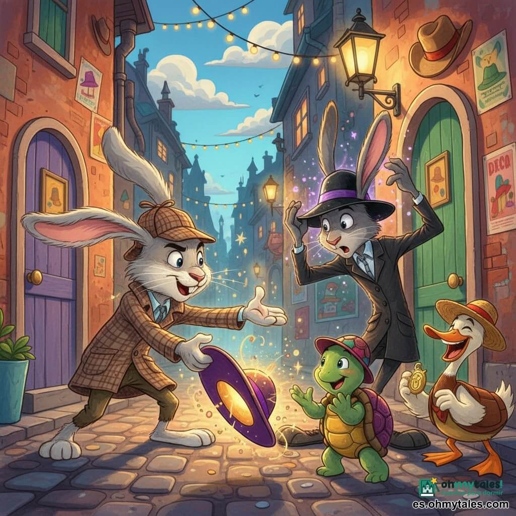 Don Conejo, un conejo detective antropomorfo elegante y vigilante de pelaje gris claro y orejas grandes, con sombrero de tweed marrón y abrigo a cuadros, sonriente y tendiendo la pata para recuperar un sombrero brillante caído (el Sombrero de la Sabiduría); frente a él, un conejo ladrón más oscuro y esbelto con un sombrero negro que destella violeta, sorprendido y retrocediendo mientras chispean destellos mágicos; Tula, una pequeña tortuga amiga de caparazón decorado con mini-sombreros, erguida y aplaudiendo junto al sombrero recuperado; un pato travieso con sombrero de paja riendo y mostrando una insignia dorada; todo en una callejón urbano fantástico al crepúsculo con adoquines brillantes, puertas coloridas, faroles cálidos y guirnaldas de luces, escena dinámica y alegre centrada en el gesto de recuperar el sombrero.