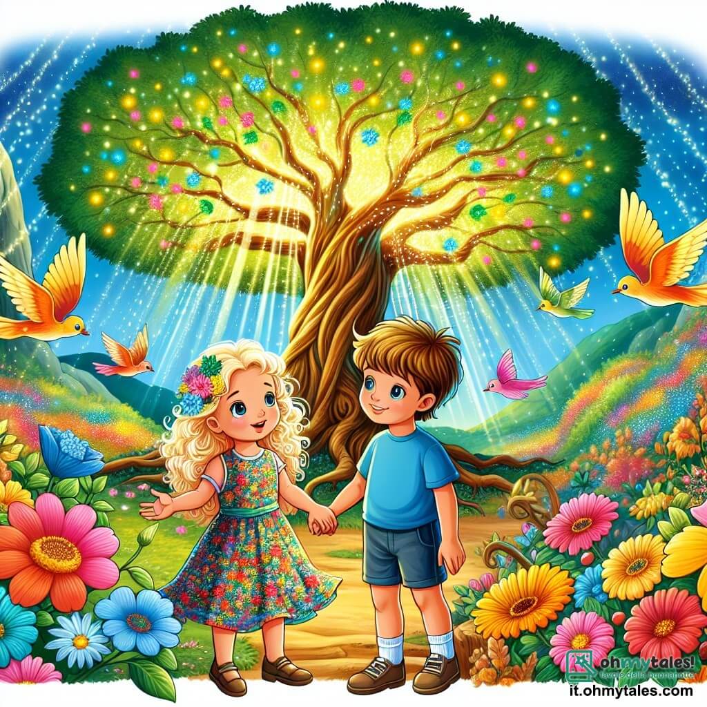 Ci sono due personaggi principali: Mia, una ragazza di 8 anni con capelli biondi e ricci, che indossa un vestito colorato a fiori, si trova a sinistra, meravigliata dal giardino. Leo, un ragazzo di 8 anni con occhi blu brillanti e capelli castani, vestito con una maglietta blu e pantaloni corti, è a destra, sorridente e tiene la mano di Mia. Il luogo è un giardino incantato, pieno di fiori dai colori vivaci che danzano dolcemente nella brezza. Al centro, un grande albero maestoso con foglie verdi brillanti e un tronco nodoso emana una dolce luce dorata, creando un'atmosfera magica. La scena principale mostra Mia e Leo seduti su una panchina di legno sotto l'albero, mentre ascoltano attentamente l'albero che parla, condividendo segreti di saggezza e libertà, mentre uccelli colorati volano intorno a loro, aggiungendo alla magia del momento.