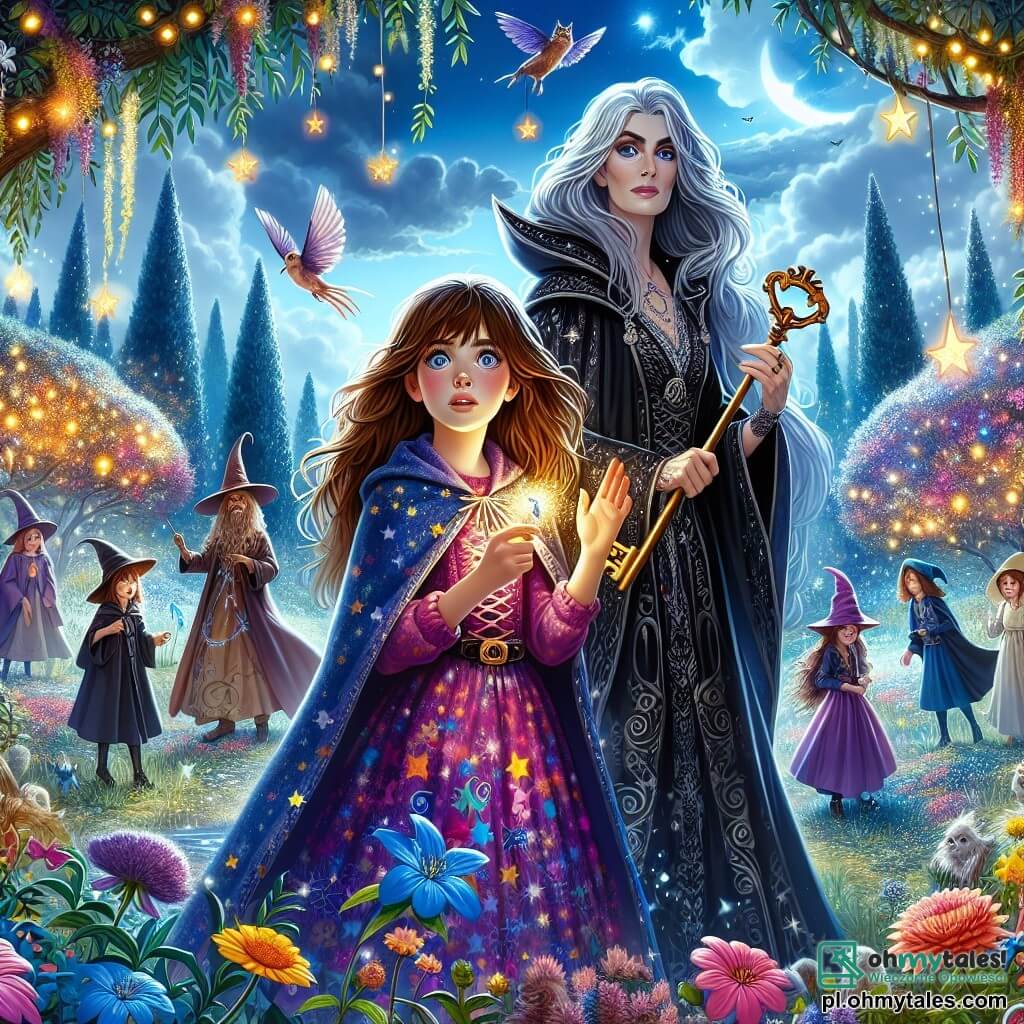 Maja, dziesięcioletnia czarodziejka z długimi brązowymi włosami i oczami pełnymi ciekawości, stoi na środku sceny, trzymając w ręku stary klucz magiczny. Jej twarz wyraża zachwyt i determinację, a na sobie ma kolorową suknię ozdobioną gwiezdnymi wzorami. Obok niej Alara, tajemnicza czarodziejka z srebrnymi włosami i ciemnym płaszczem, obserwuje z życzliwym uśmiechem, gotowa poprowadzić Maję w jej misji. Ma około dwudziestu lat i emanuje aurą mądrości i tajemnicy. W tle grupa dzieci, ubranych w czarodziejskie szaty, przygotowuje magiczny spektakl, ich twarze promienieją radością i podekscytowaniem. Scena rozgrywa się w zaczarowanym ogrodzie, pełnym kolorowych kwiatów i migoczących świateł, gdzie majestatyczne drzewa wznoszą się ku niebu wypełnionemu delikatnymi chmurami. Magiczne stworzenia, takie jak wróżki i świetliki, tańczą wokół, dodając uroku otoczeniu. Maja, z magicznym kluczem, przygotowuje się do otwarcia tajemniczych drzwi, które mogą ujawnić świat magii i przygód, podczas gdy Alara i inne dzieci entuzjastycznie ją wspierają, tworząc atmosferę przyjaźni i odkryć.