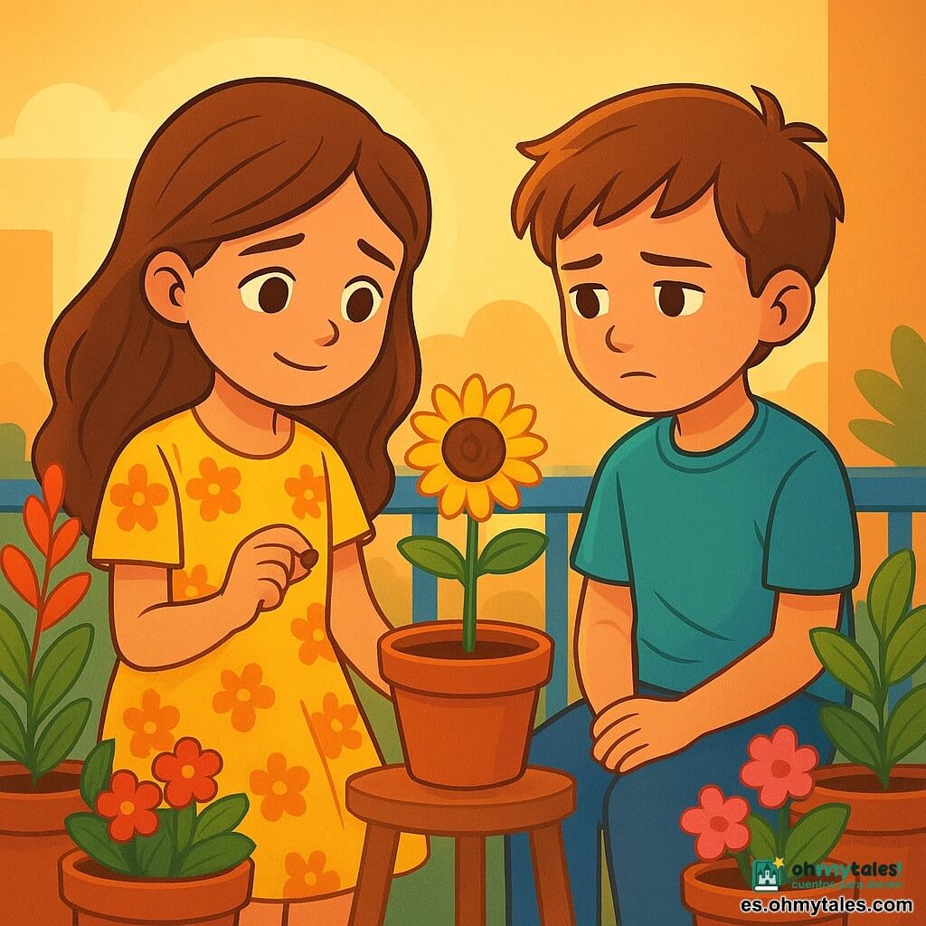 Una niña de 8 años, con largos cabellos castaños y ojos brillantes, está de pie frente a una maceta en un balcón soleado. Lleva un vestido amarillo con flores y tiene una sonrisa dulce, pero sus ojos muestran una ligera tristeza, como si recordara un recuerdo precioso. A su lado, un niño de su edad, con cabello castaño y una expresión pensativa, observa la planta en silencio, con las manos sobre sus rodillas. El balcón está lleno de macetas coloridas, con hojas verdes exuberantes y pétalos brillantes, mientras una suave luz dorada del sol poniente ilumina la escena. La niña sostiene una pequeña semilla en su mano, lista para plantarla, simbolizando la esperanza y el recuerdo. La situación principal muestra el momento en que se preparan para plantar una nueva semilla, un acto de ternura y conexión con el pasado, mientras miran la hermosa flor que florece ante ellos.