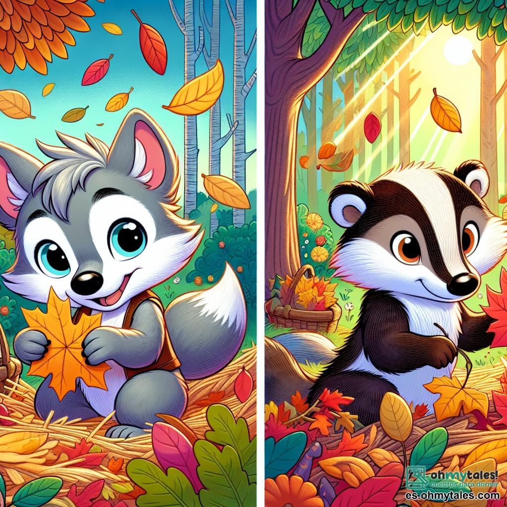 Un pequeño lobo llamado Rolo, con un suave pelaje gris y ojos llenos de curiosidad, está recogiendo hojas doradas en su jardín. Tiene una sonrisa alegre en su rostro, mostrando su entusiasmo por el otoño. A su lado está Tilo, un gran tejón de pelaje marrón y ojos sabios, que sonríe con amabilidad mientras muestra una hoja colorida que sostiene entre sus patas. Se encuentran en un jardín encantador, rodeado de árboles con hojas brillantes, con rayos de sol filtrándose a través de las ramas, creando una atmósfera cálida y acogedora. La escena principal muestra a Rolo y Tilo preparando su jardín para el invierno, rodeados de un mar de hojas de colores vivos, ilustrando la magia del otoño.