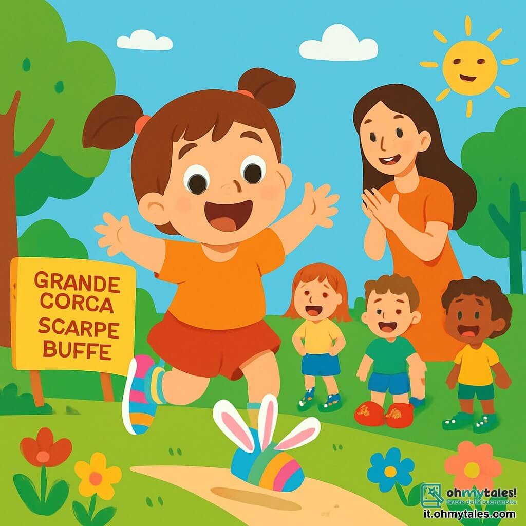 Una bambina di 4 anni, con capelli castani raccolti in due codini, indossa delle scarpe-coniglio fatte di calzini colorati con grandi orecchie di carta. Ha un grande sorriso gioioso e occhi scintillanti di eccitazione, mentre salta in un parco soleggiato. Accanto a lei, una mamma sorridente, di circa trent'anni, con capelli lunghi e castani, applaude con orgoglio, in piedi di lato, circondata da fiori colorati. Il parco è pieno di alberi verdi, fiori vivaci e altri bambini che indossano scarpe strane, ridendo e divertendosi. La bambina partecipa alla grande corsa delle scarpe buffe, saltando con entusiasmo, mentre gli altri bambini la osservano con espressioni meravigliate e divertite.