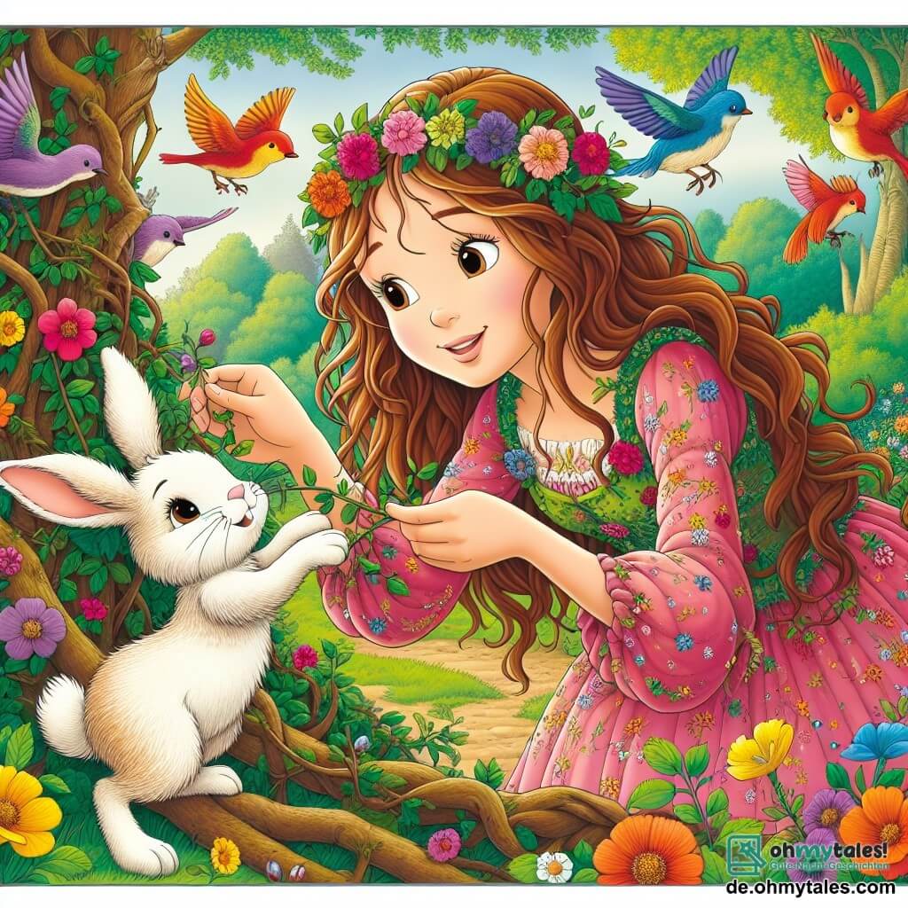Eine Frau namens Lila, in ihren Dreißigern, mit langen, welligen, hellbraunen Haaren, trägt ein buntes, blumengeschmücktes Kleid. Sie lächelt freundlich und entschlossen, während sie sich bückt, um einem kleinen Hasen zu helfen, der in einem Dornbusch gefangen ist. Neben ihr schaut ein kleiner Hase namens Felix, mit großen Ohren und weichem, weißem Fell, hoffnungsvoll zu Lila, während er versucht, sich von den Dornen zu befreien. Im Hintergrund fliegen bunte Vögel um sie herum, einige setzen sich auf die Äste der Bäume und singen fröhlich, um Lila und Felix zu ermutigen. Die Szene spielt in einem wunderschönen, verzauberten Wald, wo die Bäume hoch und majestätisch sind, ihre Blätter in der Sonne glänzen und bunte Blumen den Boden bedecken, was eine magische und einladende Atmosphäre schafft. Lila nutzt ihre magischen Kräfte, um die Vögel um Hilfe zu bitten, während sie Felix die Hand entgegenstreckt, bereit, ihn von den Dornen zu befreien.