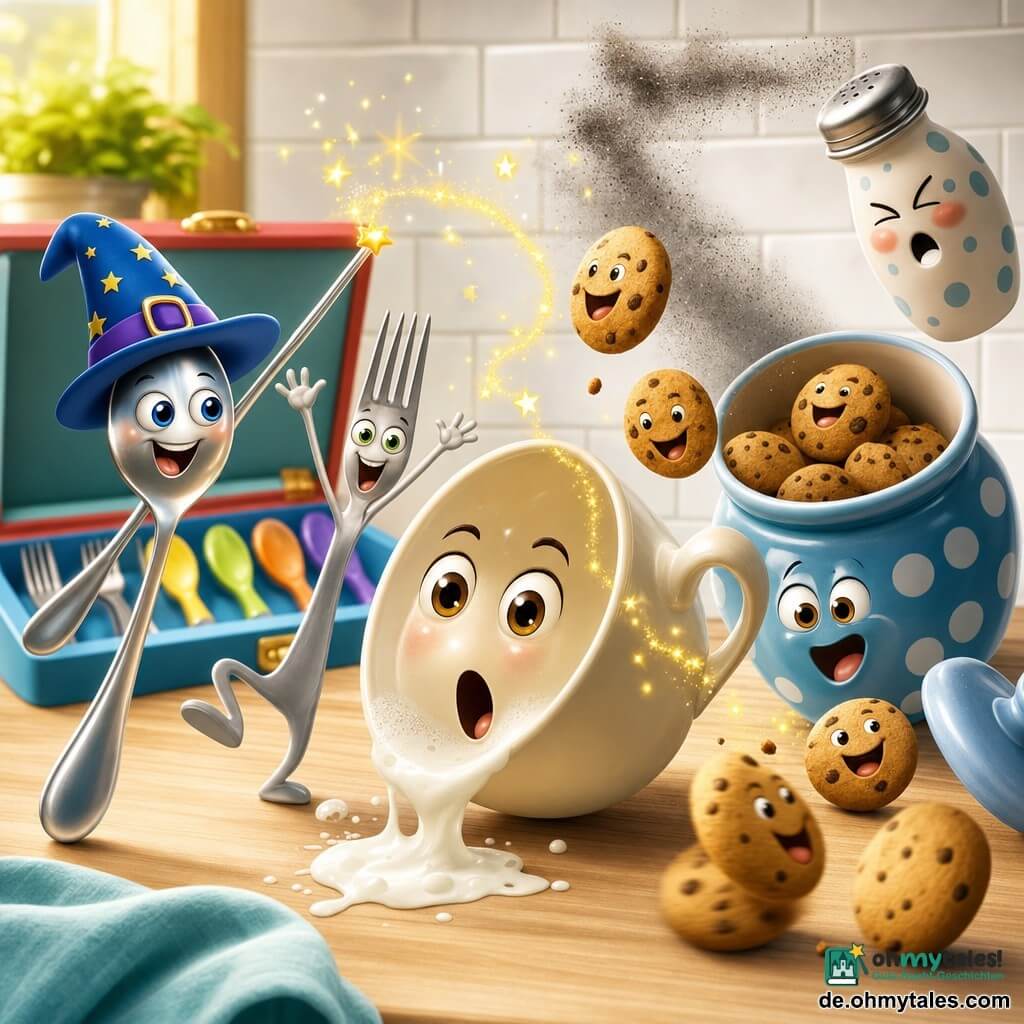 Eine glänzende, anthropomorphe Löffel-Hauptfigur mit breitem Lächeln, großen Augen und blauem Zauberhut winkt mit dem Stiel und schickt funkelnde Sterne; eine große runde Tasse mit überrascht geformtem „O“-Mund liegt halb umgekippt auf der hellen Holzarbeitsfläche und schäumende Milch spritzt heraus; eine schlanke silberne Gabel mit schelmischen Augen springt aufgeregt daneben; ein offenes Keramik-Keksglas lässt fröhliche, runde Keksfiguren rollen und in die Luft fliegen; hinten eine gepunktete Salzstreuer-Figur niest schwarze Körner wie ein kitzelnder Nebel; im Hintergrund eine geöffnete bunte Besteckkiste und weiße Fliesen, weiches Morgenlicht, kräftige Farben und glänzende, glatte Texturen — eine komische Szene, verursacht durch einen lustigen Zauber, der Tasse und Kekse hochwirbelt, funkelnde Funken tanzen, viel Bewegung und überzeichnete Mimik in warmer Atmosphäre.