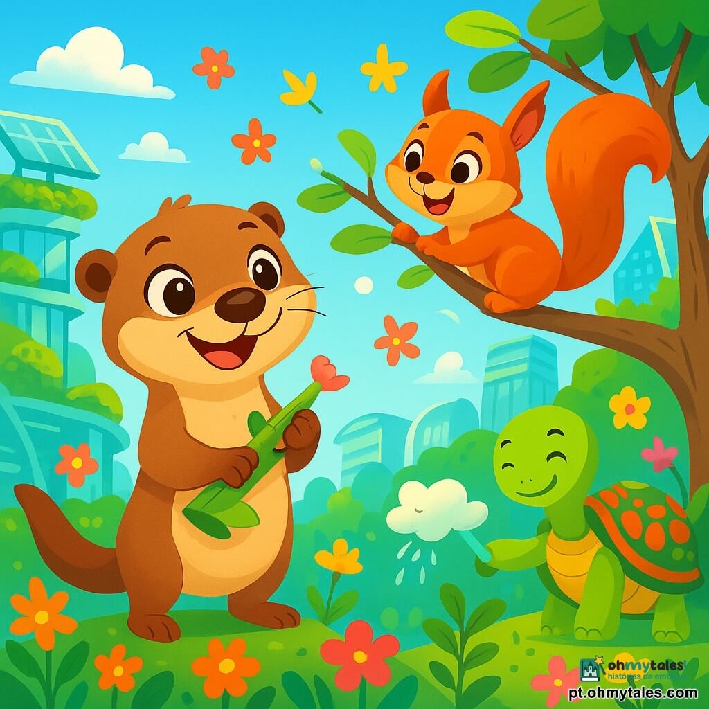 Uma pequena lontra chamada Luna, com pelagem suave e brilhante, olhos curiosos, está no topo de um jardim suspenso, cercada por flores vibrantes. Ela sorri, com as orelhas em pé, observando os arredores. Ao lado dela, um esquilo travesso de pelos ruivos e olhos maliciosos, pendurado em um galho, ri alegremente segurando uma avelã, pronto para contar uma piada. Mais adiante, uma tartaruga sábia, com uma carapaça decorada com padrões coloridos, rega plantas com um regador em forma de nuvem, exibindo um sorriso bondoso. O local é um bairro futurista, onde os edifícios são cobertos de jardins luxuriantes, com passarelas de vidro cintilante e painéis solares brilhantes, sob um céu azul radiante salpicado de nuvens fofas. A cena principal mostra Luna e seus amigos criando uma melodia alegre juntos, usando instrumentos feitos de folhas e flores, enquanto a brisa suave faz as flores dançarem ao redor deles, preenchendo o ar com risos e música.