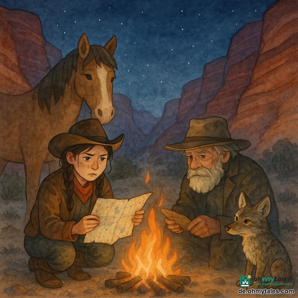 Nora ist eine junge Cowgirl-Frau mit entschlossenem, leicht besorgtem Gesicht, braunen, feuchten Zöpfen, brauner Lederjacke und schiefem Cowgirl-Hut; sie hält vorsichtig eine regenbefleckte Karte, die über den Glutstücken am Lagerfeuer trocknet. Dusty, ein kräftiger Hengst mit hellbraunem Fell und weißer Schnauze, steht ruhig und schützend neben ihr. Der alte Goldsucher, etwa 65 Jahre alt, mit struppigem grauen Bart und verstaubtem Hut, sitzt am Feuer und neigt die Karte, um die vom Schein sichtbaren Linien zu lesen. Ein kleiner nasser Kojote mit geflecktem Fell und spitzen Ohren sitzt neugierig bei ihnen. Schauplatz: roter Felscanyon mit gestreiften Wänden, Kiesboden, vereinzelte vertrocknete Büsche, tiefer Nachthimmel mit schwachen Sternen; das Lagerfeuer wirft warme Schatten. Stimmung: intim und mutig, sanfte Aquarellfarben, warmer Feuerkontrast zu kühlen Nachtblau.