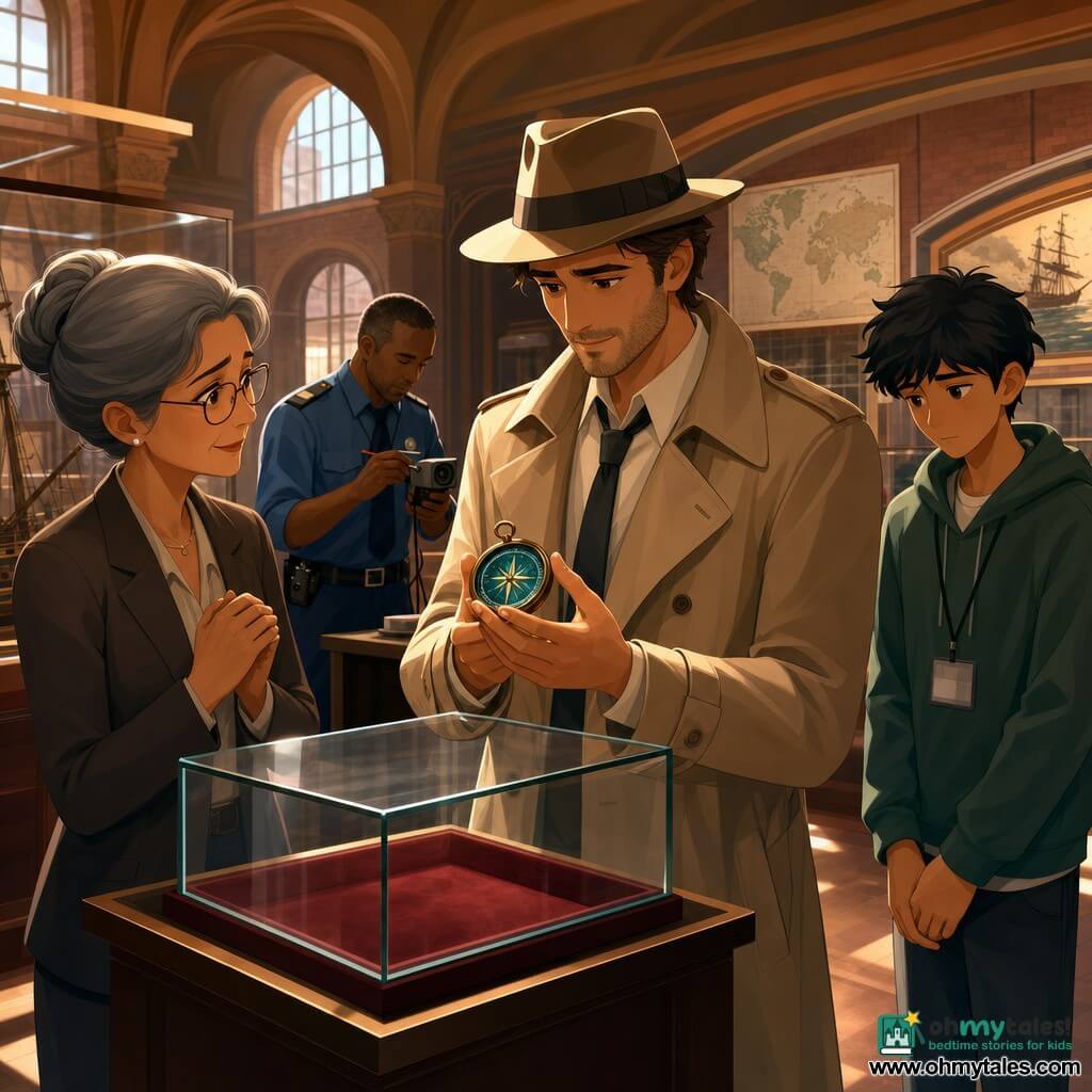A thirty-something detective with a thin face, three-day stubble, slightly wrinkled beige coat and fedora, expression focused and gentle, holds a small compass at chest height under a beam of light; to his left the museum director, about 40, gray hair in a bun, thin glasses, relieved but still concerned, stands by a closed display case; to his right a 16-year-old volunteer boy with messy black hair and a museum badge stands back with hands clasped and eyes downcast; a fifty-year-old male guard in a blue uniform repairs a camera cable calmly in the background; setting: large exhibition hall of a former train station converted into a museum with red brick walls, polished wooden arches, glass cases on burgundy velvet pedestals, vintage nautical posters and warm light from high windows; mood: calm after a discovery, the found compass in the detective’s hands, characters gathered around an empty case, atmosphere of repair and regained trust, close and medium shots, warm earthy palette with teal accents on the compass.