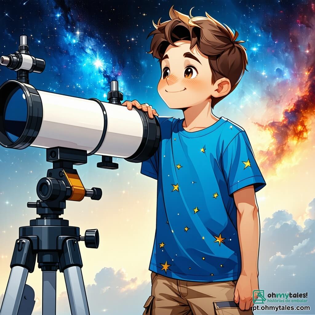 Um menino de 10 anos, Lucas, com cabelos castanhos desgrenhados e olhos brilhantes de curiosidade, está em frente a um grande telescópio em um laboratório de ciências. Ele usa uma camiseta azul com estrelas e uma calça cargo. Seu rosto expressa imensa alegria e excitação enquanto olha para o céu, pronto para viver uma aventura incrível. Ao seu lado, Zog, um extraterrestre verde com grandes olhos redondos e orelhas pontudas, sorri alegremente. Ele tem uma pele brilhante e veste um traje espacial colorido, cheio de padrões estrelados. Zog se inclina para Lucas, segurando uma peça de sua nave espacial, pronto para ajudá-lo a consertá-la. O laboratório está cheio de equipamentos estranhos e máquinas cintilantes, com paredes cobertas de pôsteres de planetas e estrelas. Luzes coloridas piscam ao redor deles, criando uma atmosfera mágica e futurista. A cena principal mostra Lucas e Zog trabalhando juntos para consertar a nave espacial de Zog, cercados por ferramentas brilhantes e peças misteriosas, enquanto estrelas cintilantes aparecem através de uma janela, prometendo uma aventura intergaláctica.