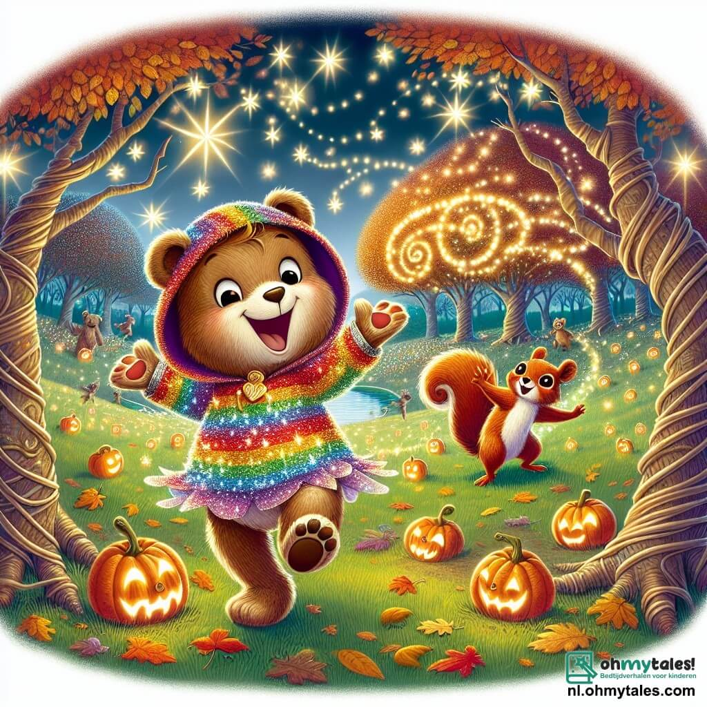 Een kleine teddybeer genaamd Bram, met een zachte bruine vacht en glanzende ogen, draagt een glinsterend magisch kostuum in de kleuren van de regenboog. Hij heeft een grote glimlach van verwondering terwijl hij vrolijk danst in het midden van een open plek, verlicht door duizenden kleine fonkelende lichtjes, als sterren die uit de lucht zijn gevallen. Naast hem springt een klein eekhoorntje genaamd Ella, met een rode vacht en sprankelende ogen, van blijdschap, haar voorpoten in de lucht. Ze is vol enthousiasme en kijkt naar Bram met bewondering, klaar om hem te vergezellen op avontuur. De locatie is een prachtige heuvel, de Glinsterende Heuvel, bedekt met gouden bladeren en groene gras, waar pompoenlampionnen zachtjes stralen in de Halloween-nacht. Gekronkelde bomen omringen de open plek, wat een mysterieuze en magische sfeer creëert. De hoofdscène toont Bram en Ella die samen dansen, omringd door bosdieren, allemaal samengekomen om een vrolijke Halloween te vieren, vol gelach en magie, onder een sterrenhemel.