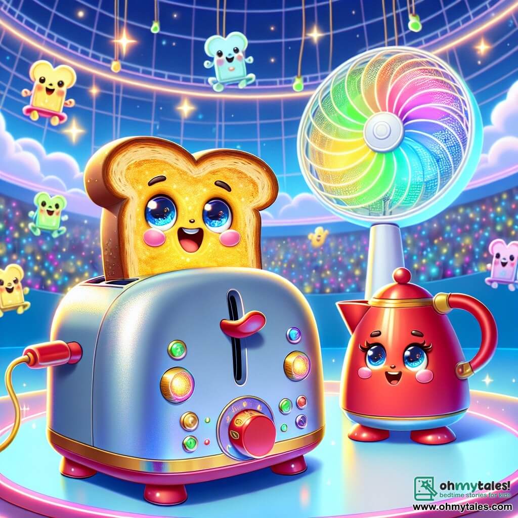 In the foreground, Buzz, a small smiling toaster with colorful buttons and sparkling eyes, is popping up a slice of golden bread, his lever enthusiastically raised. He exudes an aura of joy and excitement, his small metal feet shining under the light. Next to him, Sparky, a bright red electric kettle with an elegant spout and round eyes, watches in admiration, her cheeks glowing with warmth, waiting for Buzz to finish his toast. Twirl, a cheerful-looking fan with colorful blades spinning, dances around them, creating a gentle breeze and adding to the festive atmosphere. The setting is the Sky Arena, a vast floating stadium with sparkling glass walls, surrounded by pastel clouds and multicolored lights. Holograms of gadgets and spectators float in the air, creating a magical and futuristic ambiance. The main scene shows Buzz winning the talent contest, surrounded by his friends, all applauding and celebrating his success, while digital fireworks burst in the sky, illuminating the moment of joy and friendship.