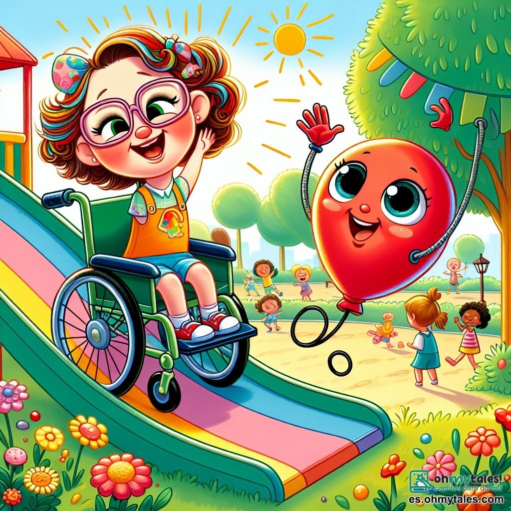 Un personaje principal, una joven sonriente con cabello rizado y gafas coloridas, está sentada en una silla de ruedas brillante, sus ojos brillando de alegría mientras desliza por un tobogán colorido en un parque soleado. A su lado, un globo rojo antropomórfico, con una cara alegre y brazos de alambre, flota en el aire, animando a la joven con entusiasmo. El parque está lleno de flores brillantes, árboles verdes y risas de niños que juegan alrededor, creando una atmósfera alegre y acogedora. La escena principal muestra a la joven deslizándose por el tobogán, el viento en su cabello, mientras el globo rojo aplaude, celebrando el momento de felicidad y amistad.