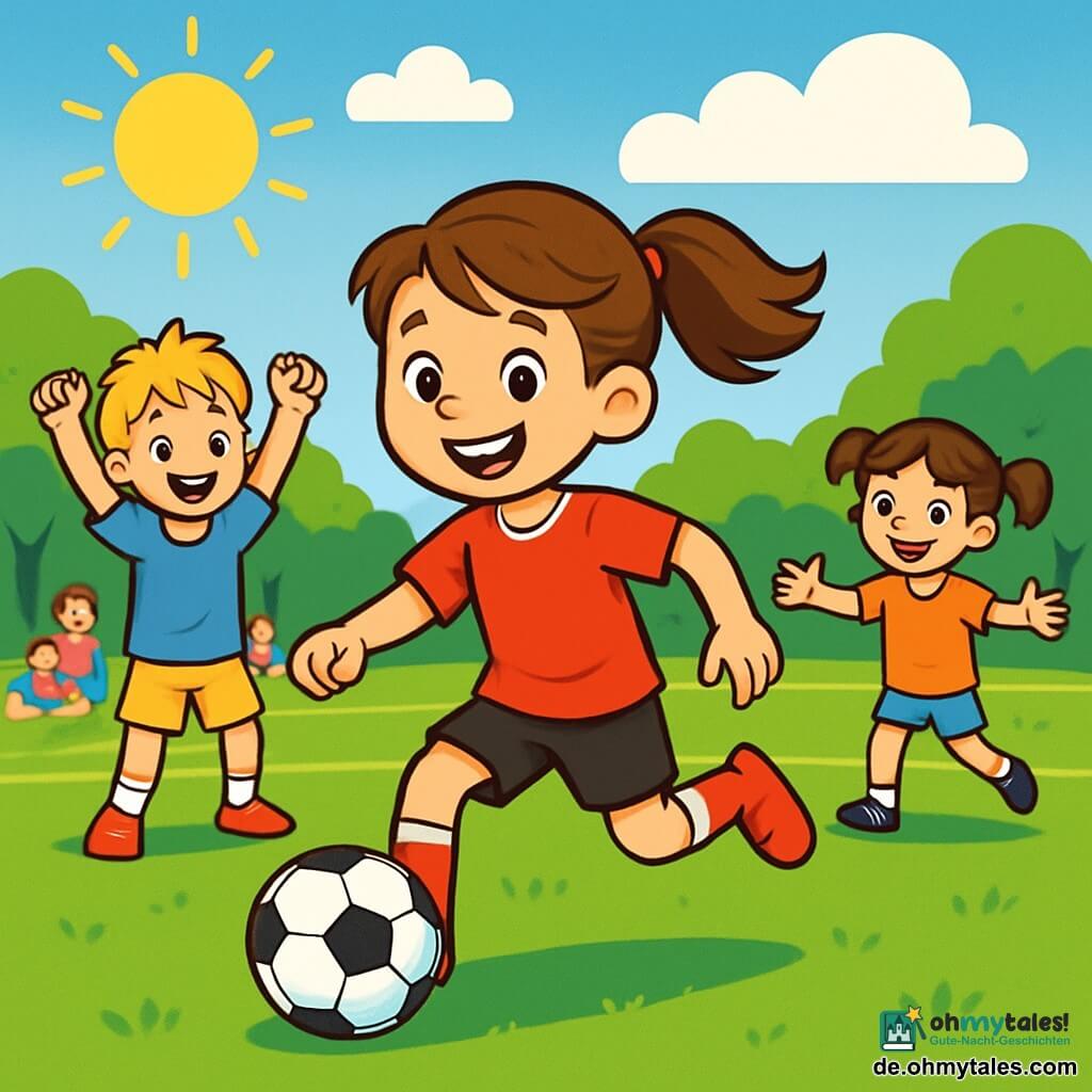 Ein etwa 10-jähriges Mädchen, Lina, steht im Mittelpunkt des Bildes. Sie trägt ein leuchtend rotes Fußballtrikot mit einer schwarzen Shorts, ihre braunen Haare sind zu einem Pferdeschwanz gebunden und wehen im Wind. Ihr Gesicht strahlt Freude und Entschlossenheit aus, mit einem breiten Lächeln und funkelnden Augen. Sie dribbelt einen glänzenden Fußball auf einem grünen Spielfeld. Neben ihr ermutigt ein 9-jähriger Junge, Tom, mit zerzausten blonden Haaren, sie, indem er die Arme hebt. Er trägt ein blaues T-Shirt und gelbe Shorts. Ein weiteres Kind, Anna, ein 10-jähriges Mädchen mit braunen Zöpfen, steht etwas weiter entfernt, bereit den Ball zu empfangen, mit offenen Armen und einem begeisterten Blick. Die Szenerie zeigt ein großes Fußballfeld, umgeben von Zuschauern, die auf bunten Decken sitzen, mit grünen Bäumen im Hintergrund. Der Himmel ist blau mit einigen weißen Wolken, und die Sonne scheint, was eine fröhliche und dynamische Atmosphäre schafft. Die Hauptsituation zeigt Lina, die den Ball zu Anna passt, während Tom sie anfeuert. Die Aufregung und der Teamgeist sind spürbar und verdeutlichen den Spaß am Spiel und die Freundschaft, die die Kinder auf dem Feld verbindet.